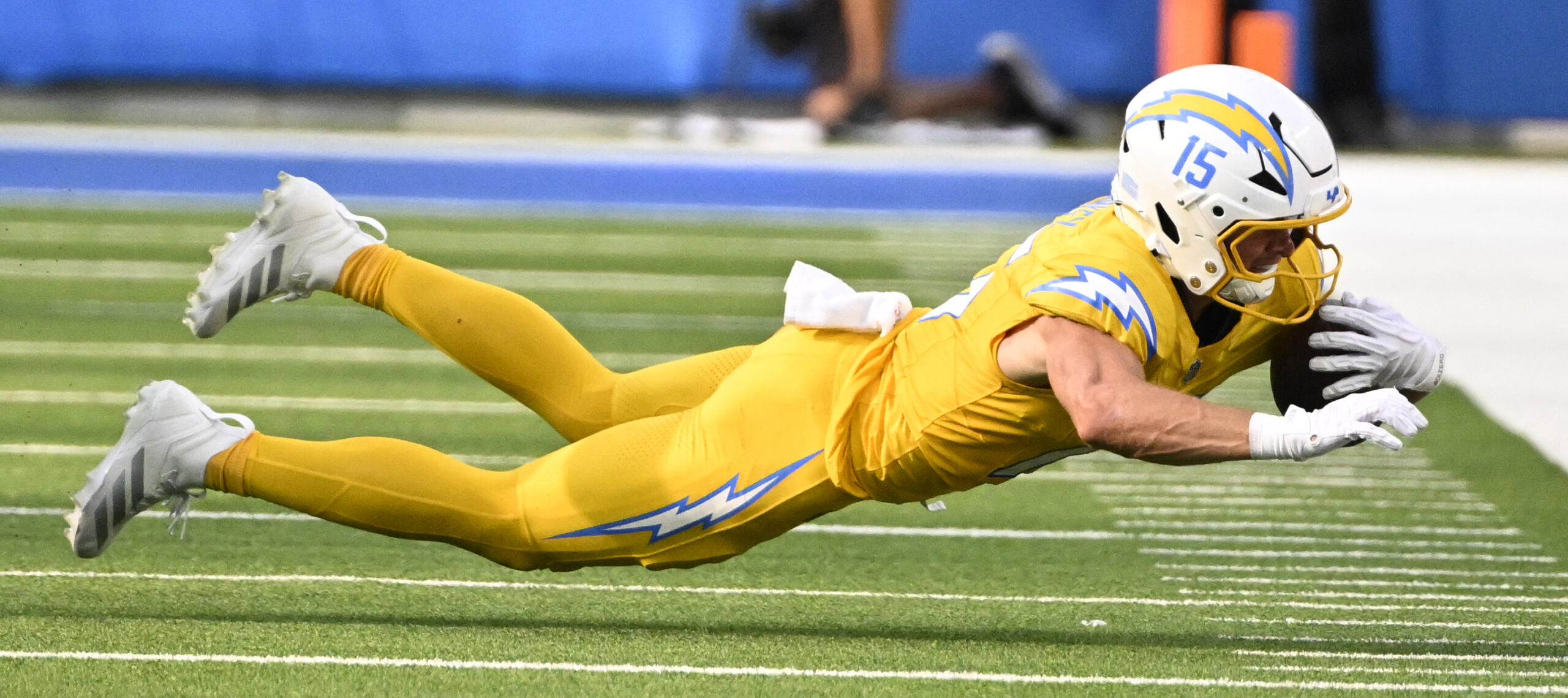 Wide receiver Ladd McConkey #15 of the Chargers catches a...