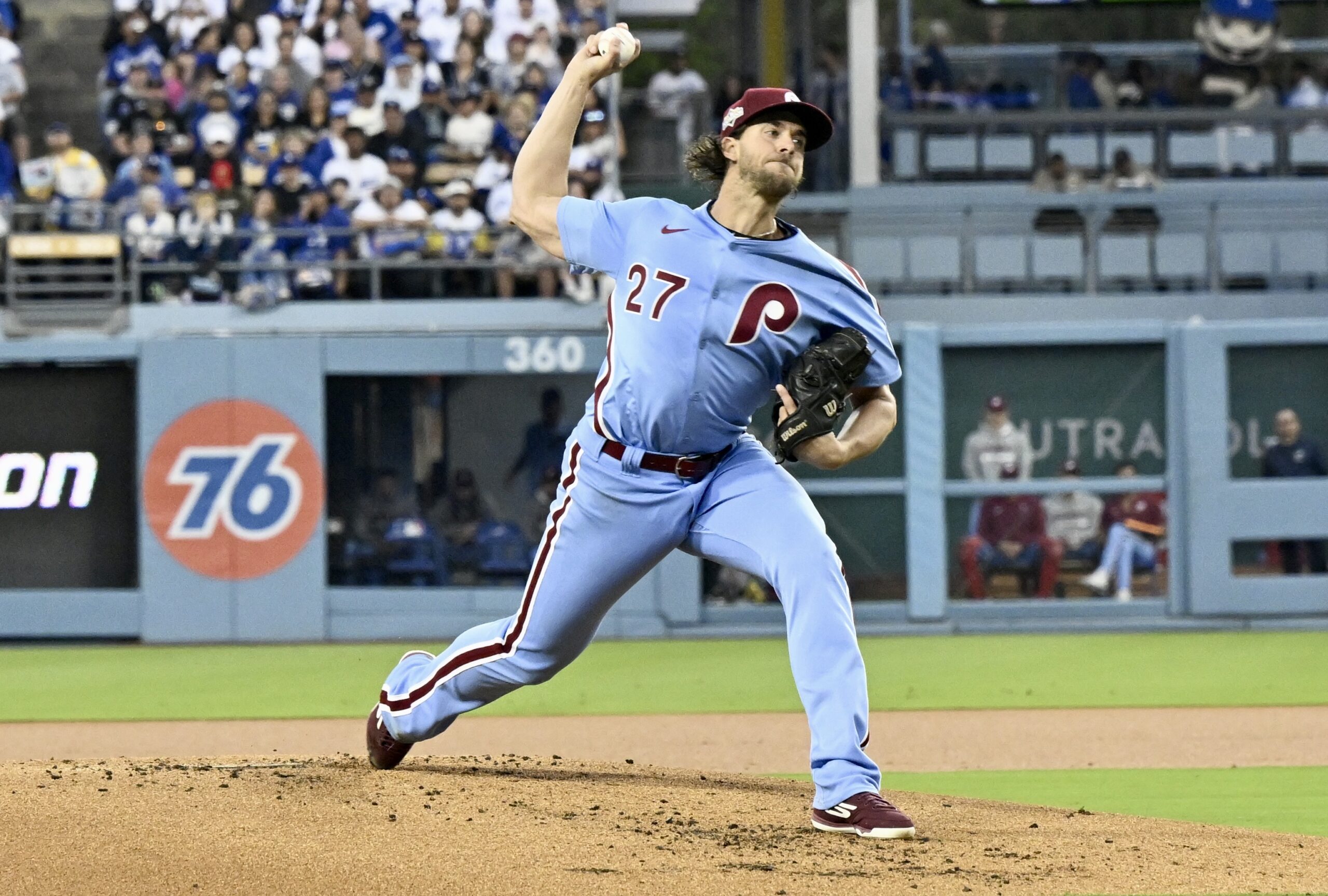 Philadelphia Phillies opening pitcher Aaron Nola throws to the plate...