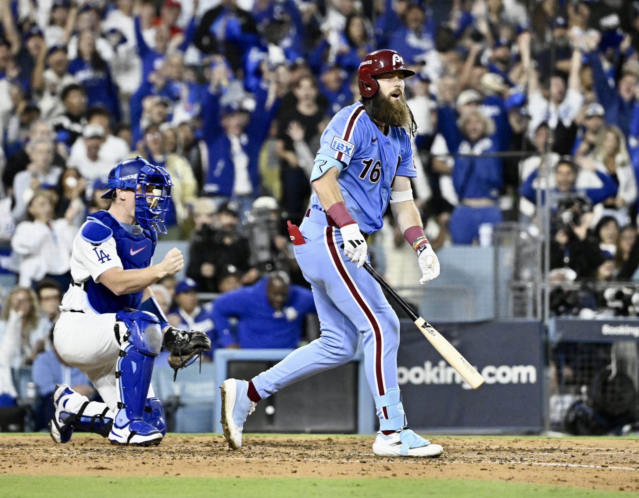 The Philadelphia Phillies’ Brandon Marsh strikes out swinging with the...