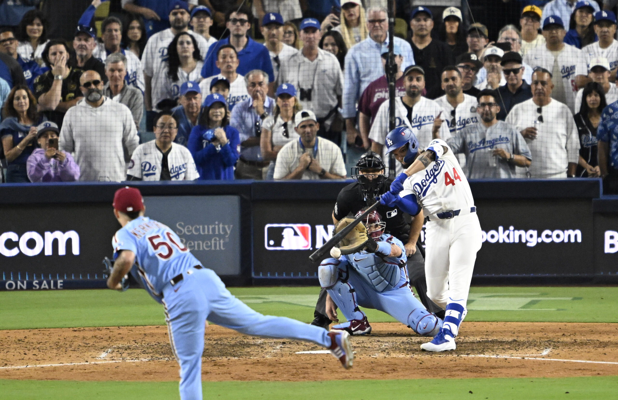 Andy Pages #44 of the Los Angeles Dodgers hits back...