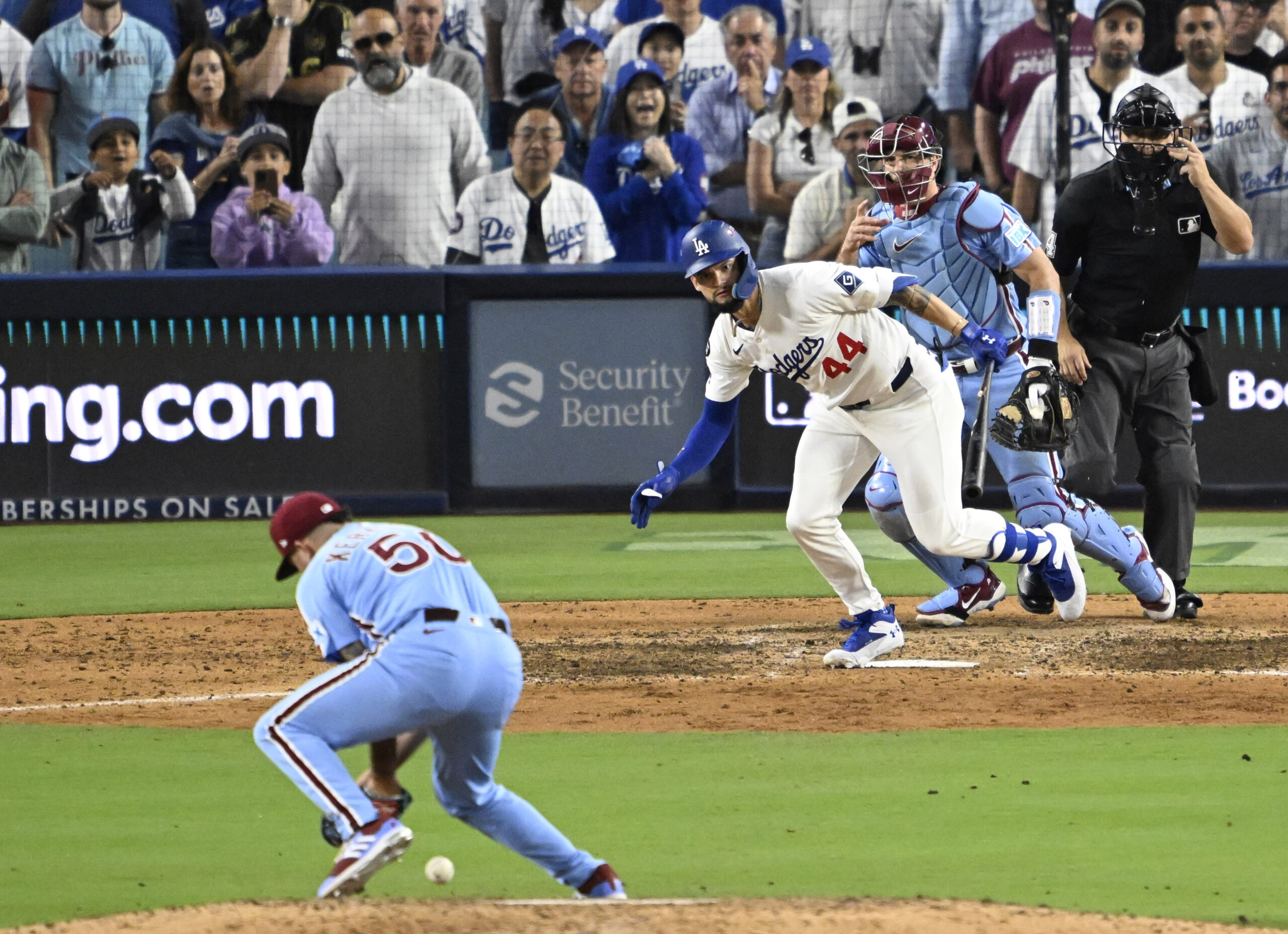 Andy Pages #44 of the Los Angeles Dodgers hits back...