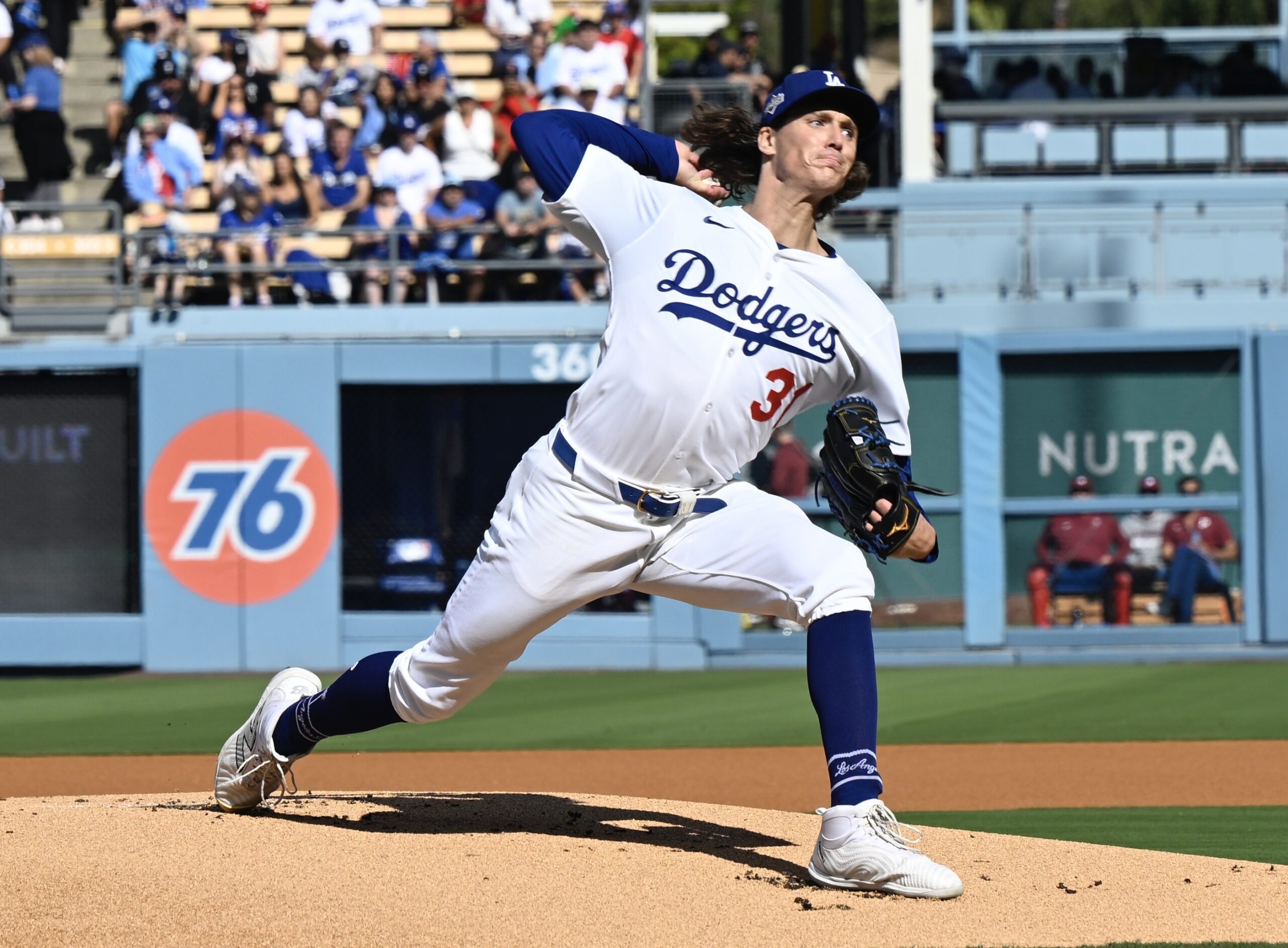 Dodgers starting pitcher Tyler Glasnow throws to the plate during...