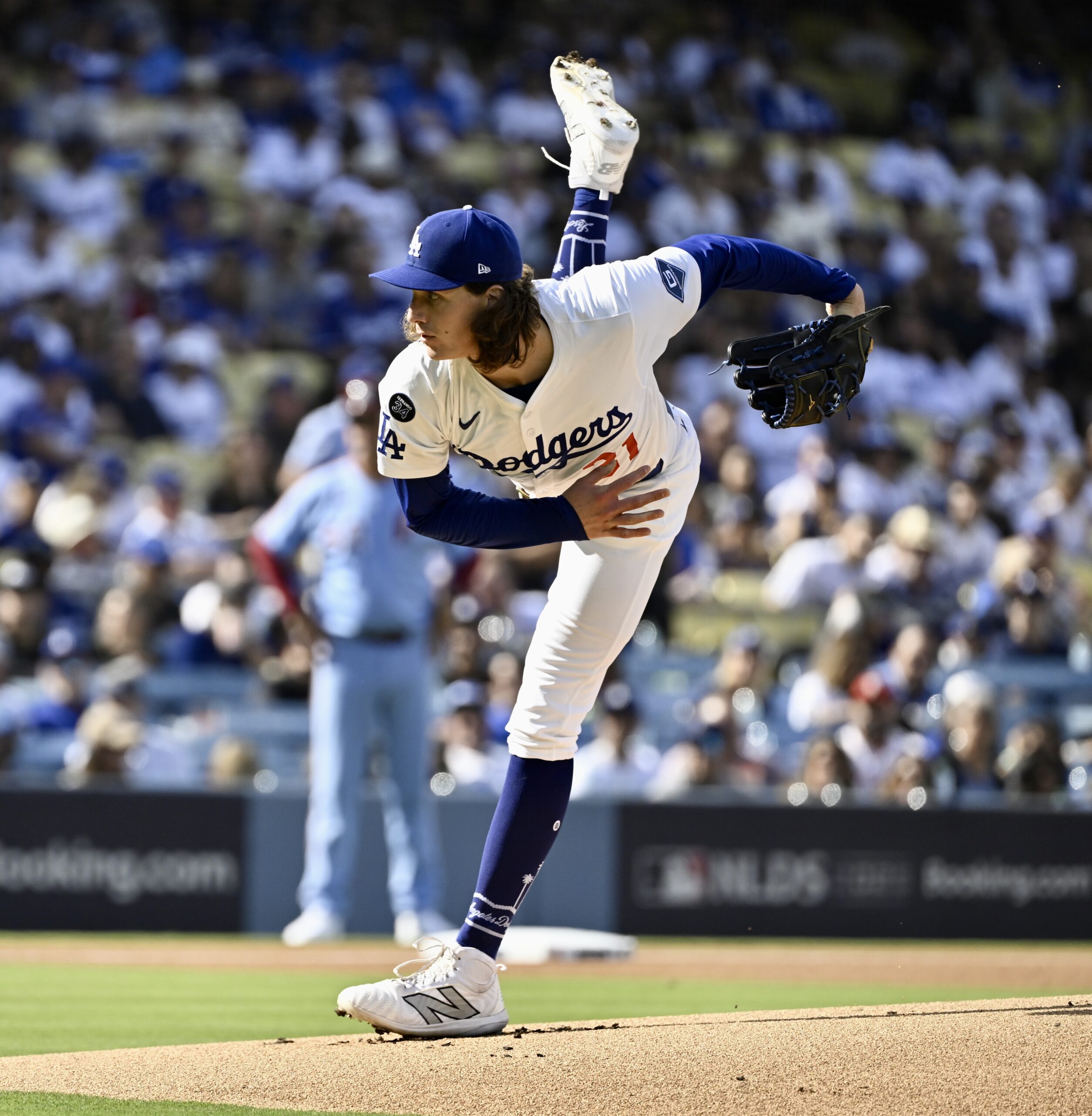 Dodgers starting pitcher Tyler Glasnow throws to the plate during...