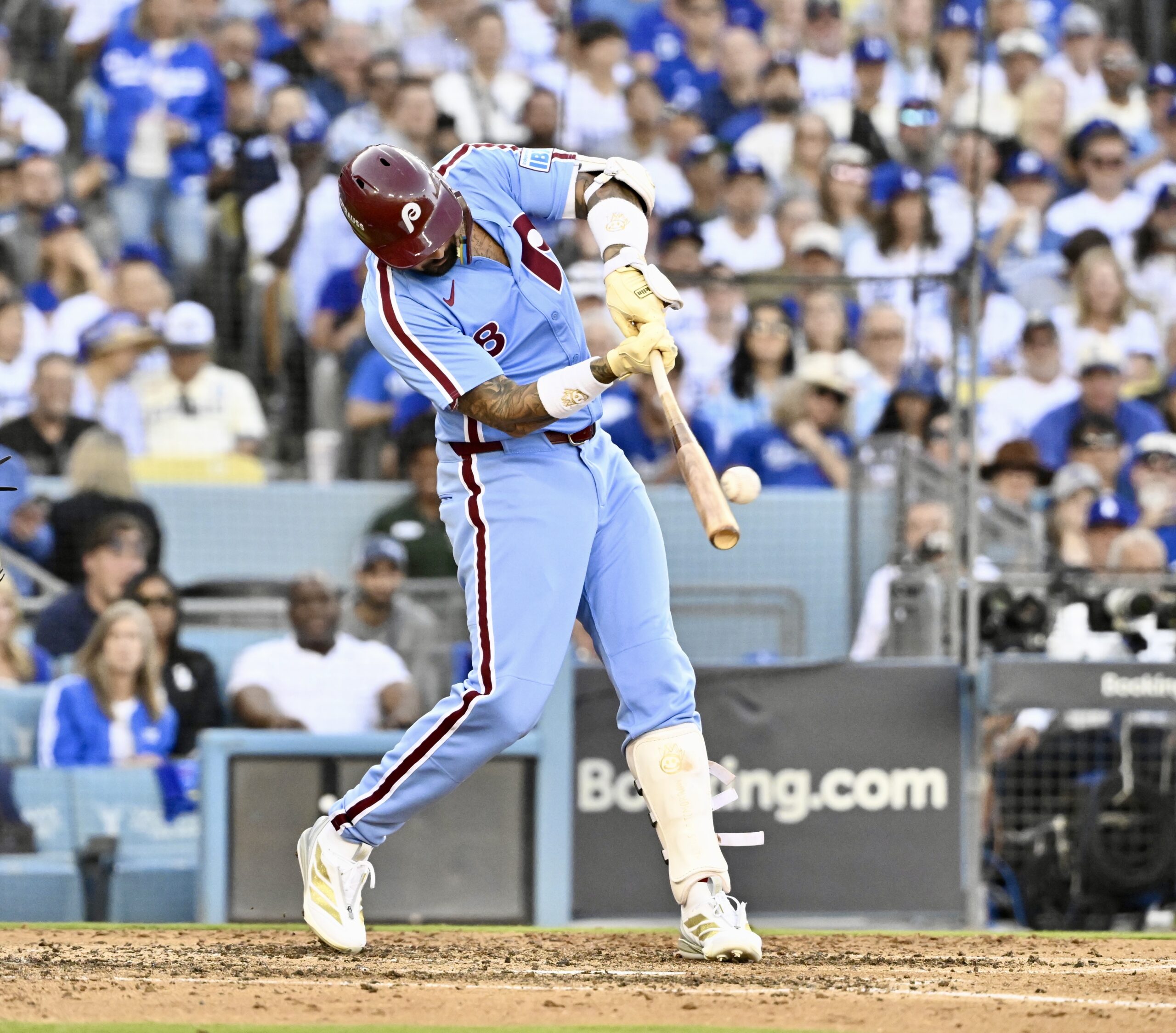 The Philadelphia Phillies’ Nick Castellanos hits an RBI double during...