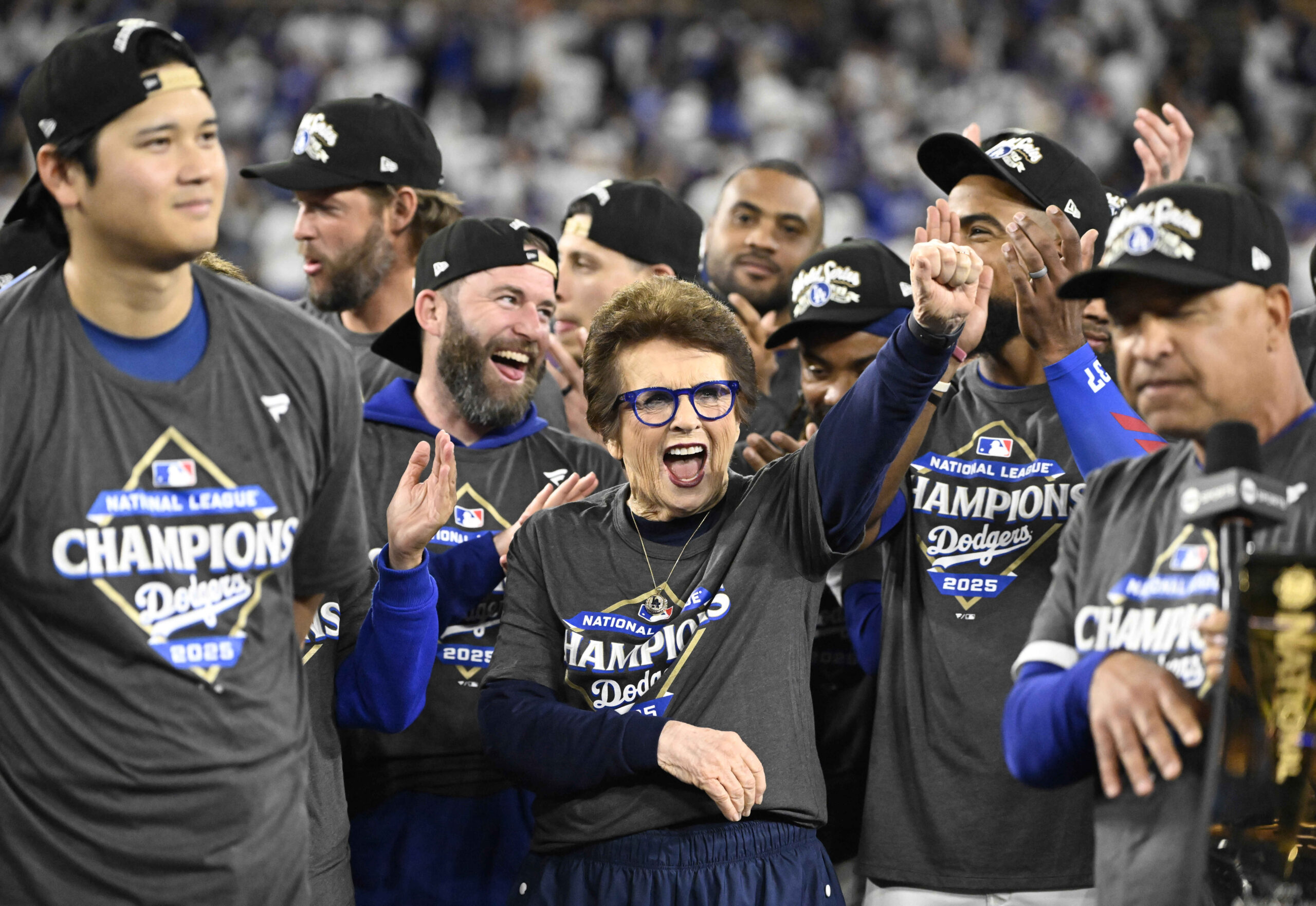 Billie Jean King celebrates after the Dodgers defeated the Milwaukee...