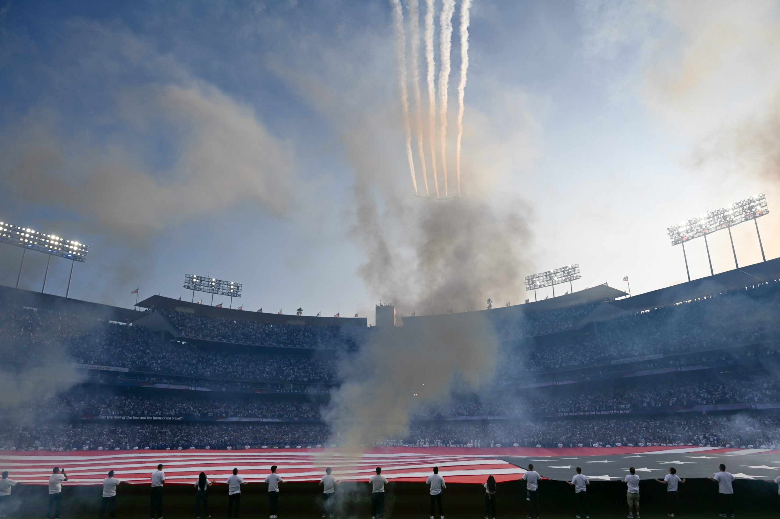 A flyover takes place with the National Anthem before Game...