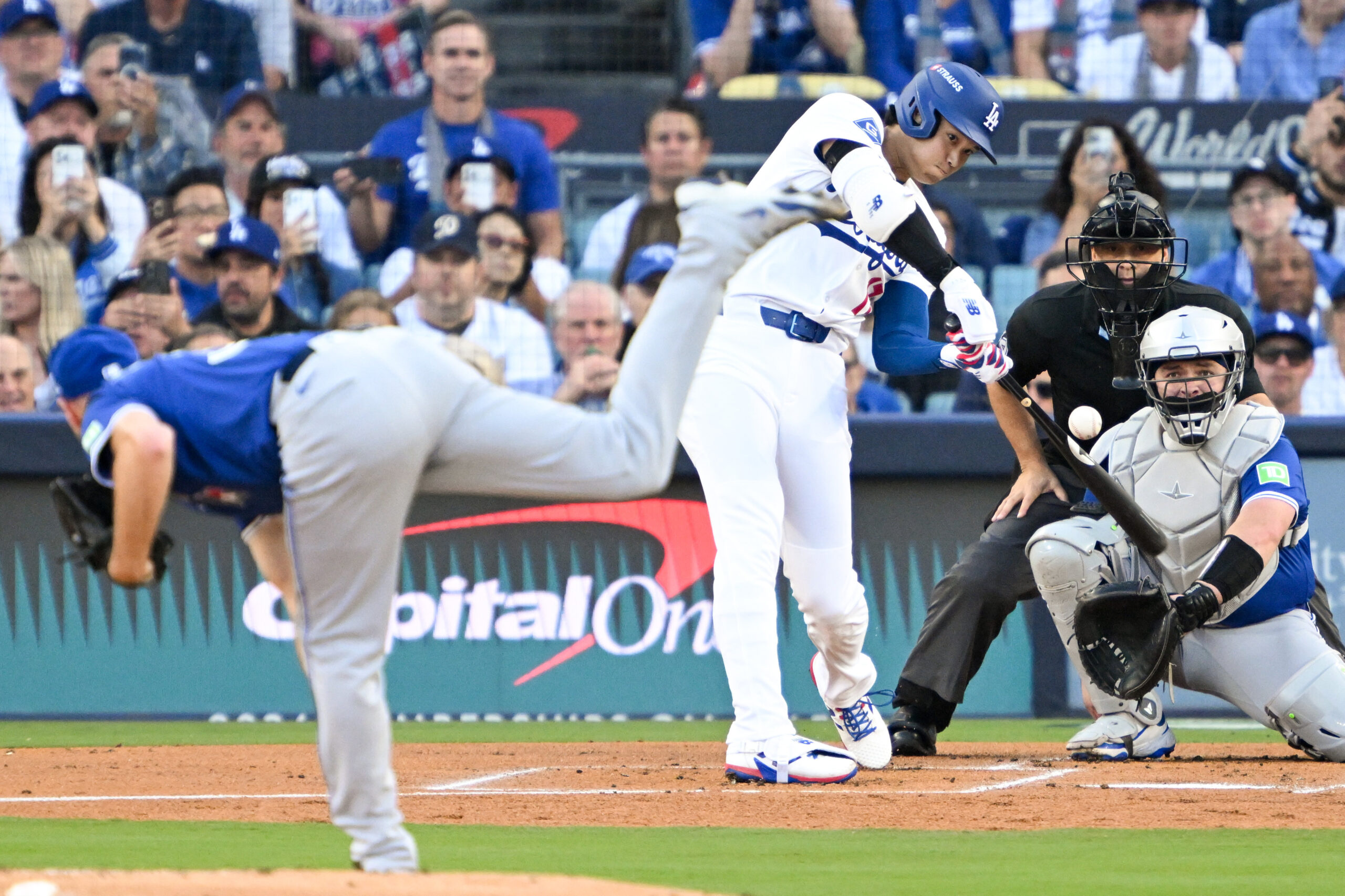 Dodgers star Shohei Ohtani connects for a double during the...
