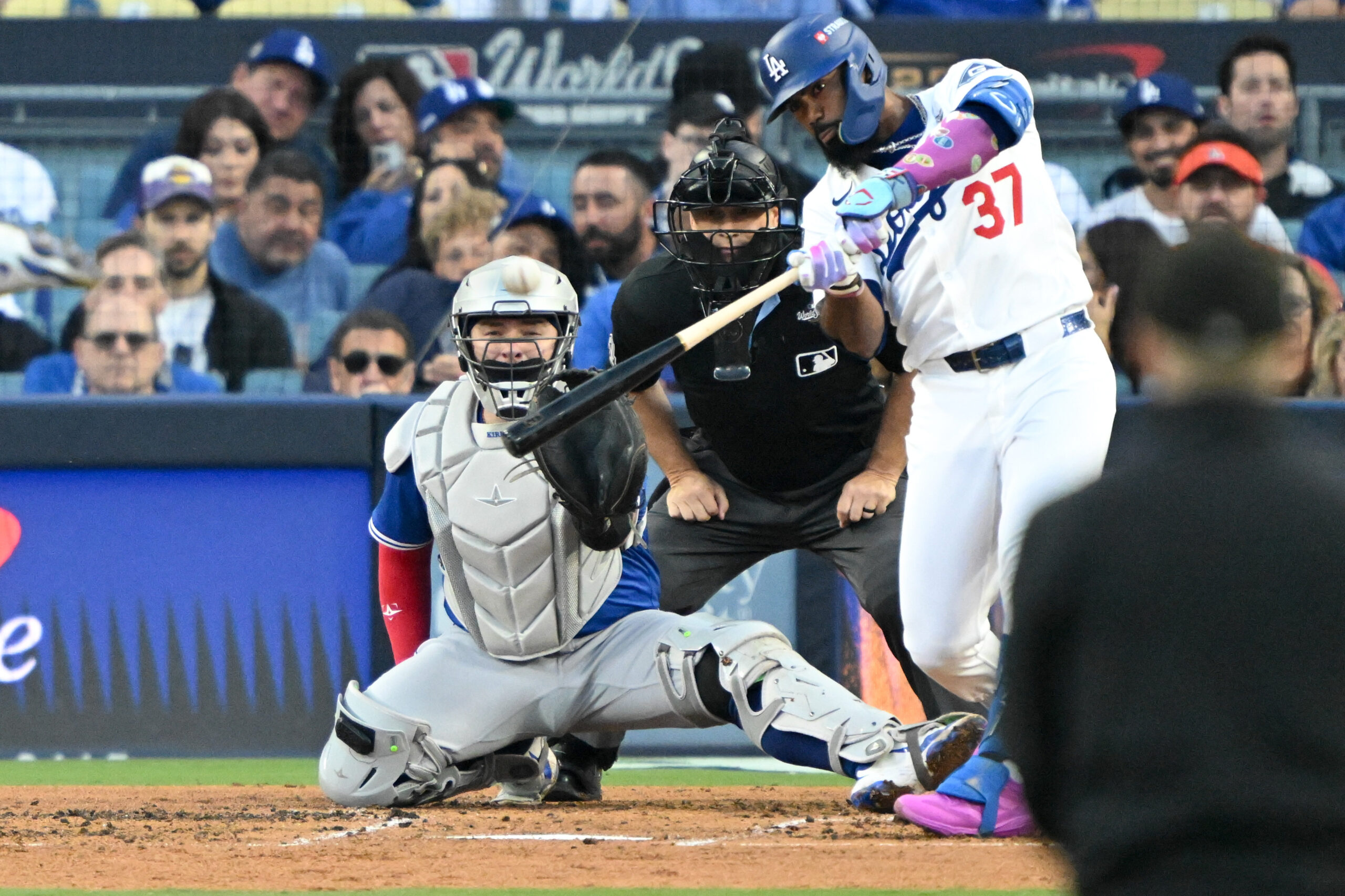 The Dodgers’ Teoscar Hernández hits a solo home run during...