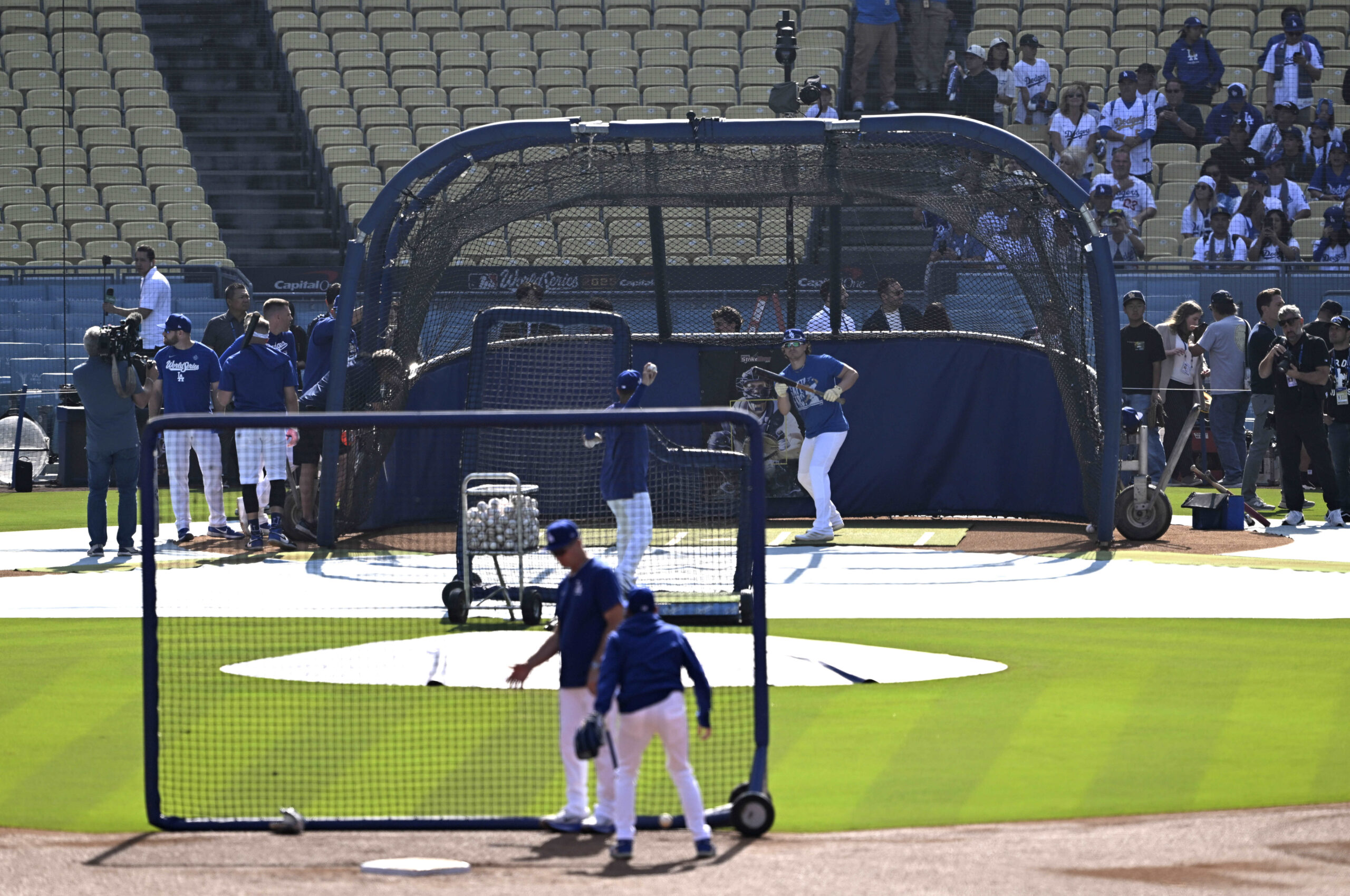 The Dodgers’ Kike Hernández takes batting practice before Game 3...