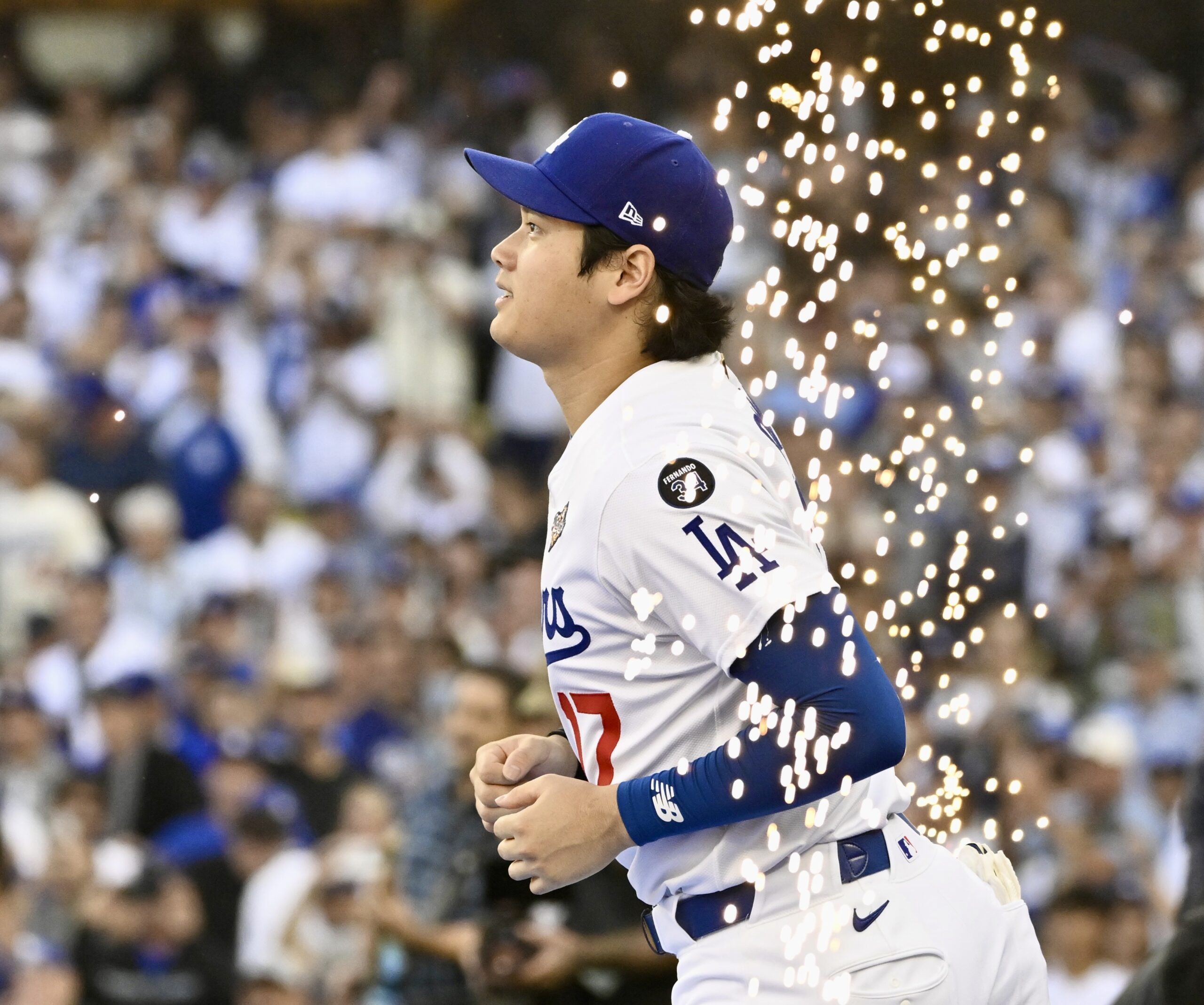 Dodgers star Shohei Ohtani is announced before Game 3 of...