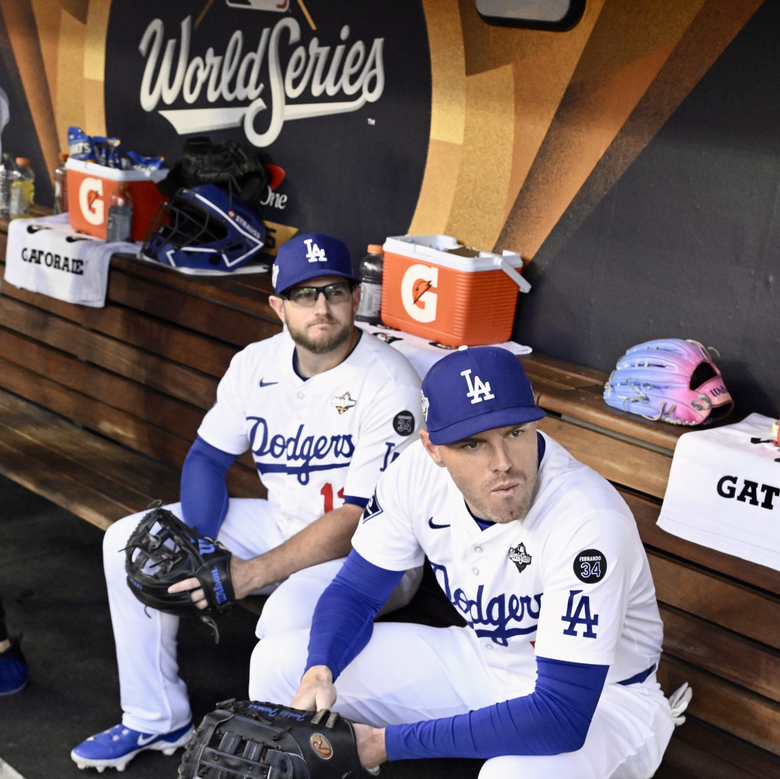 Dodgers third baseman Max Muncy, left, and first baseman Freddie...