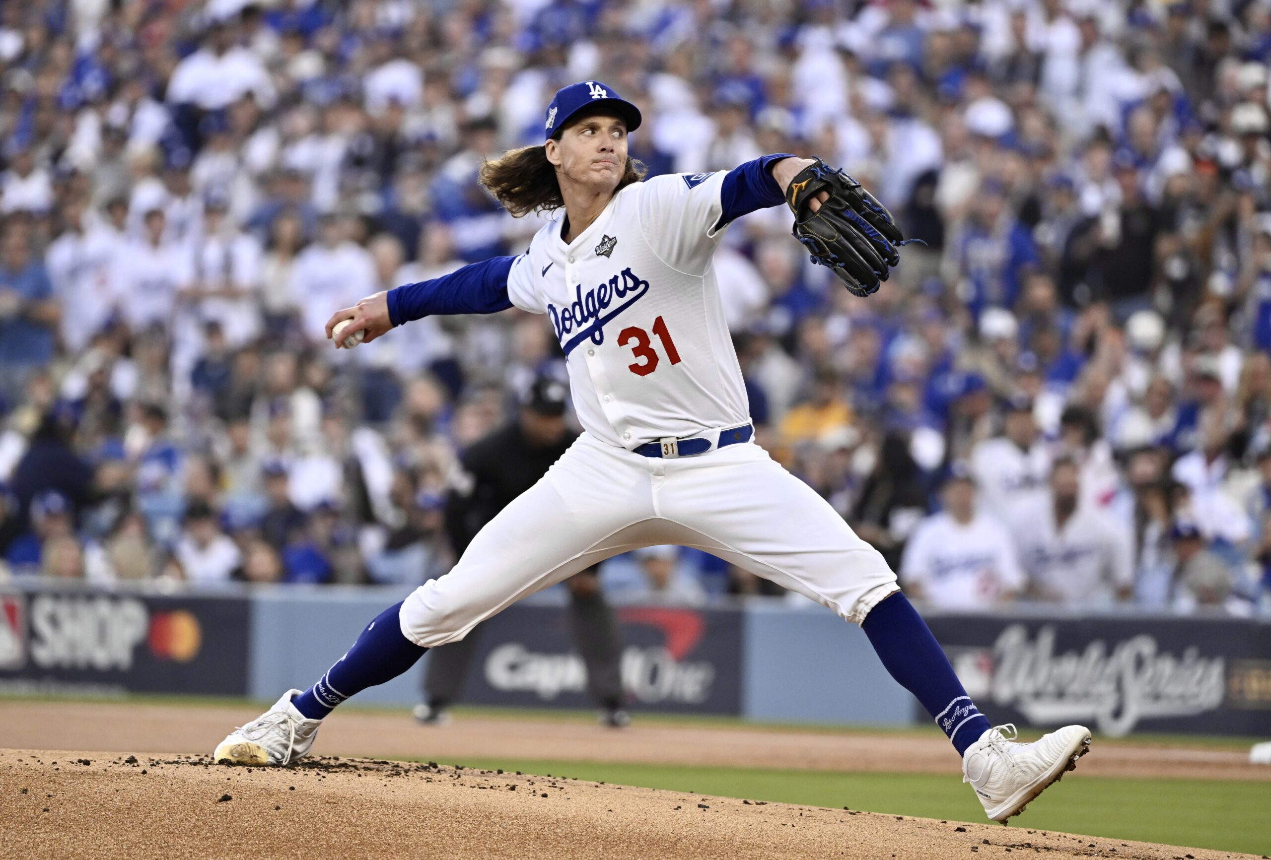 Dodgers starting pitcher Tyler Glasnow throws to the plate during...