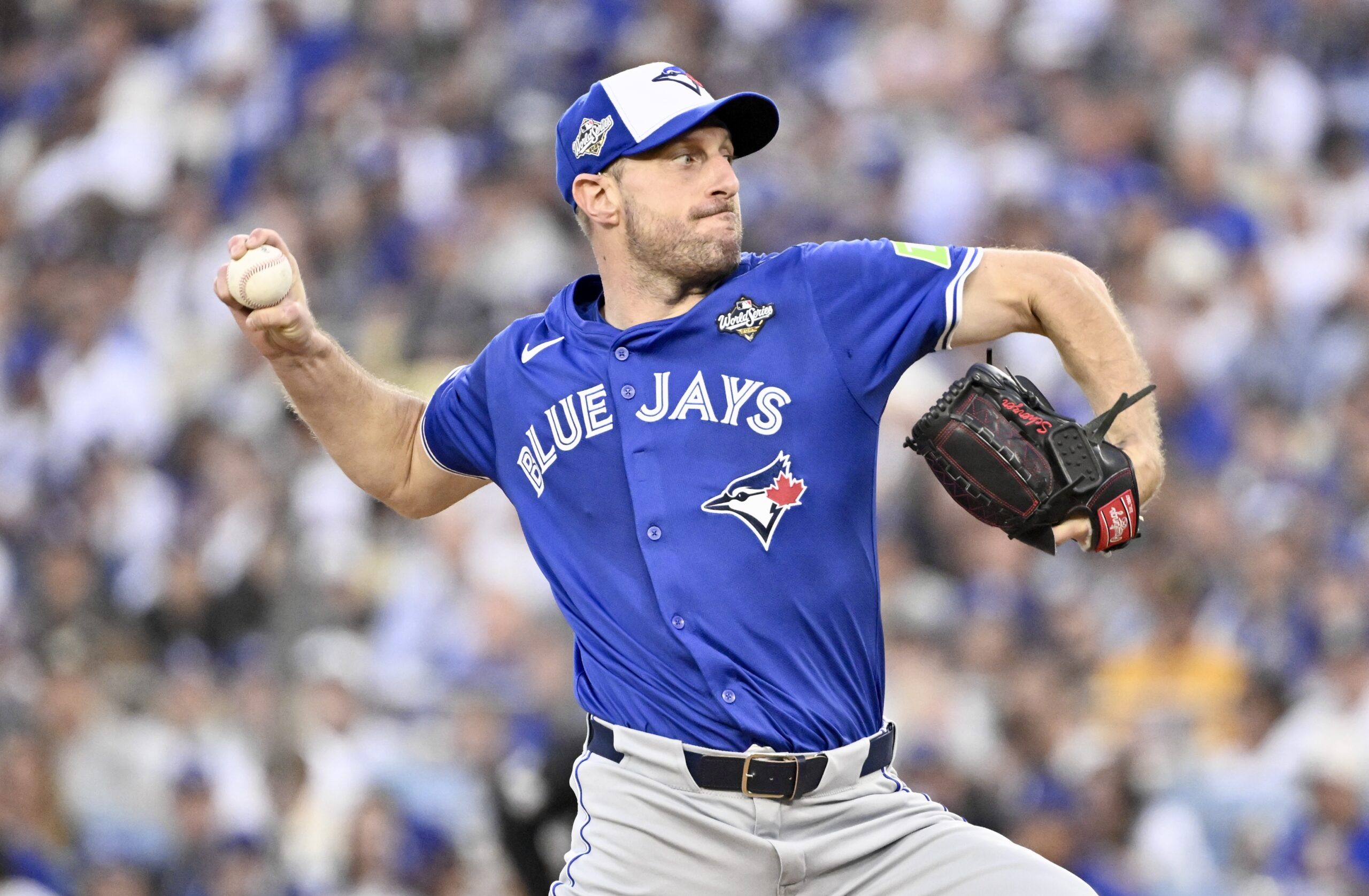 Toronto Blue Jays starting pitcher Max Scherzer throws to the...