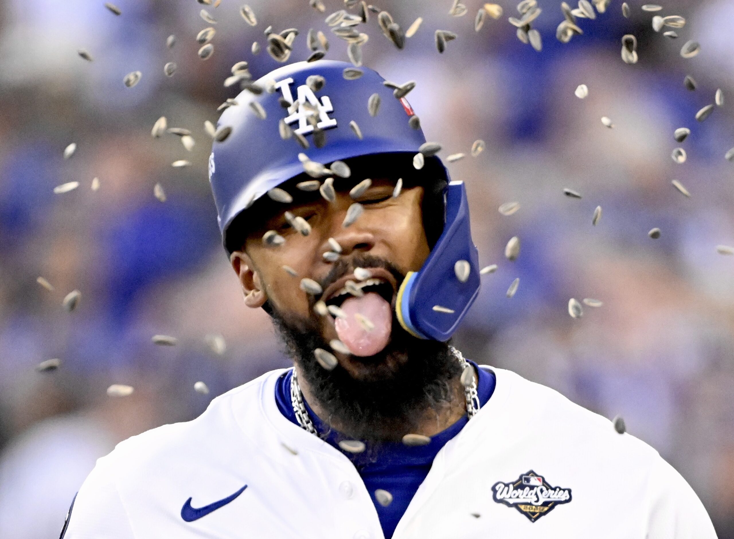 The Dodgers’ Teoscar Hernández is showered with sunflower seeds as...