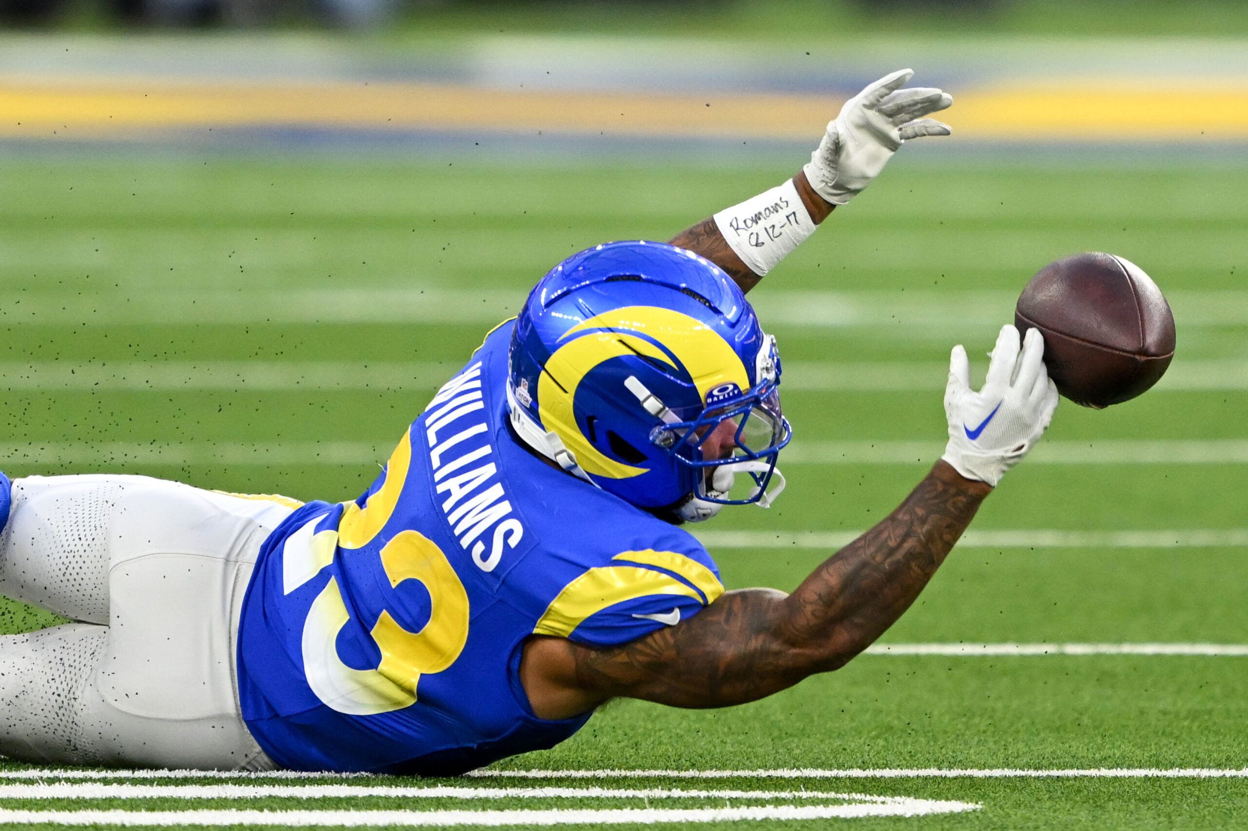 Rams running back Kyren Williams can’t hold on to the...