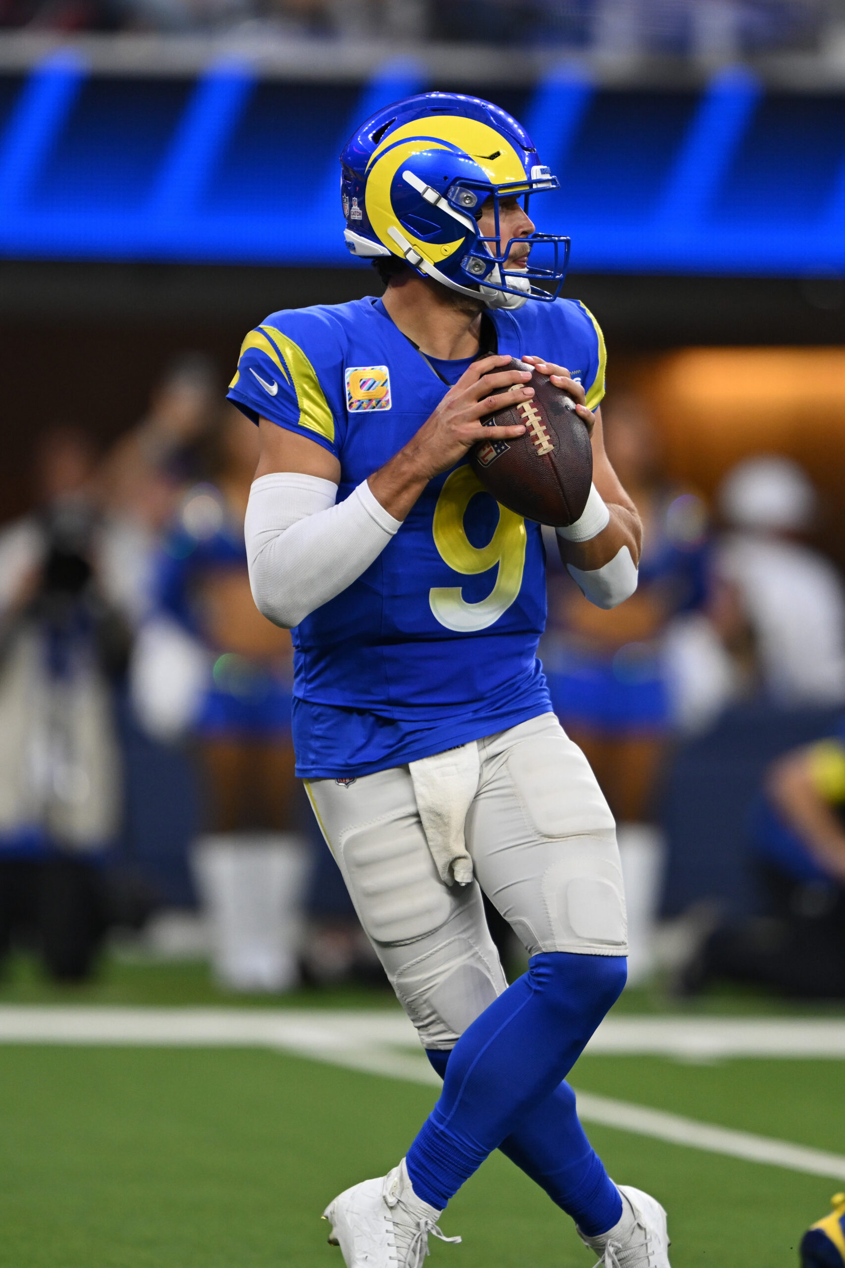 Rams quarterback Matthew Stafford drops back to pass during the...