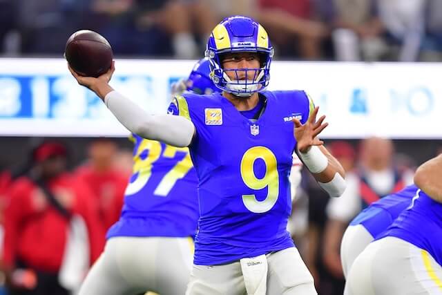 Oct 2, 2025; Inglewood, California, USA; Los Angeles Rams quarterback Matthew Stafford (9) drops back to pass against the San Francisco 49ers during the first half at SoFi Stadium. Mandatory Credit: Gary A. Vasquez-Imagn Images Matthew Stafford, Rams
