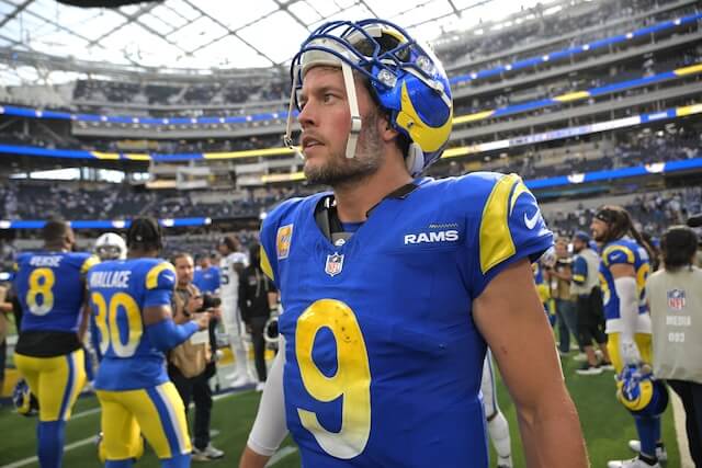 Sep 28, 2025; Inglewood, California, USA; Los Angeles Rams quarterback Matthew Stafford (9) leaves the field after the game against the Indianapolis Colts at SoFi Stadium. Mandatory Credit: Jayne Kamin-Oncea-Imagn Images Matthew Stafford, Rams