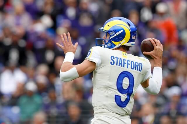 Oct 12, 2025; Baltimore, Maryland, USA; Los Angeles Rams quarterback Matthew Stafford (9) passes the ball against the Baltimore Ravens during the second quarter of the game at M&T Bank Stadium. Mandatory Credit: Peter Casey-Imagn Images Matthew Stafford, Rams