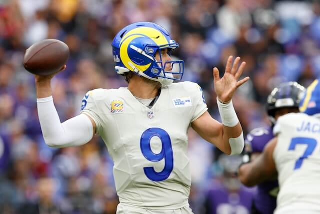 Oct 12, 2025; Baltimore, Maryland, USA; Los Angeles Rams quarterback Matthew Stafford (9) passes the ball against the Baltimore Ravens during the second half of the game at M&T Bank Stadium. Mandatory Credit: Peter Casey-Imagn Images Matthew Stafford, Rams