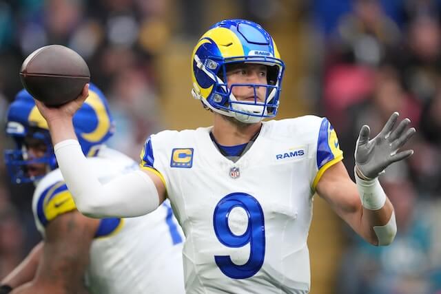 Oct 19, 2025; London, United Kingdom; Los Angeles Rams quarterback Matthew Stafford (9) passes the ball against the Jacksonville Jaguars during the first half of an NFL International Series game at Wembley Stadium. Mandatory Credit: Kirby Lee-Imagn Images Matthew Stafford, Rams, Jaguars