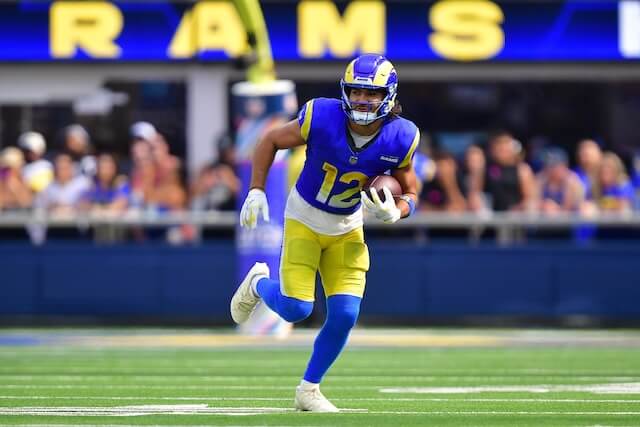 Sep 28, 2025; Inglewood, California, USA; Los Angeles Rams wide receiver Puka Nacua (12) runs the ball against the Indianapolis Colts during the second half at SoFi Stadium. Mandatory Credit: Gary A. Vasquez-Imagn Images Puka Nacua, Rams