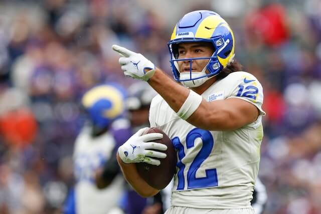 Oct 12, 2025; Baltimore, Maryland, USA; Los Angeles Rams wide receiver Puka Nacua (12) celebrates after a play against the Baltimore Ravens during the second quarter of the game at M&T Bank Stadium. Mandatory Credit: Peter Casey-Imagn Images Puka Nacua, Rams