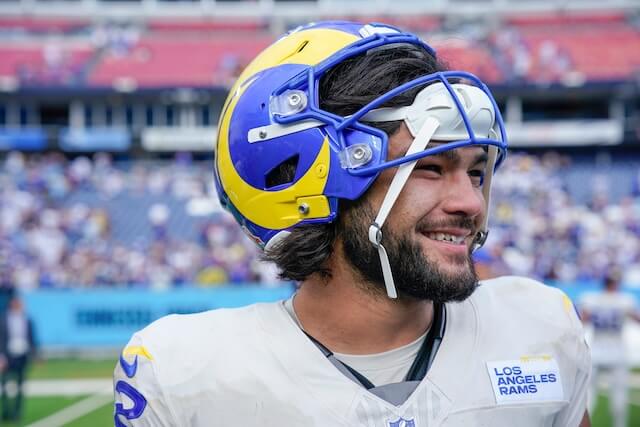 Los Angeles Rams wide receiver Puka Nacua (12) grins broadly after defeating the Tennessee Titans 33-19 at Nissan Stadium in Nashville, Tenn., Sunday, Sept. 14, 2025. Puka Nacua, Rams
