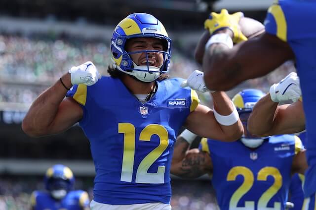 Sep 21, 2025; Philadelphia, Pennsylvania, USA; Los Angeles Rams wide receiver Puka Nacua (12) reacts against the Philadelphia Eagles  during the first half at Lincoln Financial Field. Mandatory Credit: Bill Streicher-Imagn Images Puka Nacua, Rams