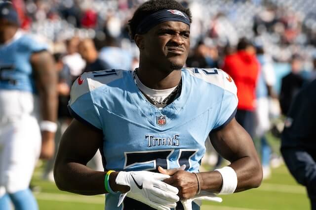 Oct 19, 2025; Nashville, Tennessee, USA;  Tennessee Titans cornerback Roger McCreary (21) walks off the field post game against the New England Patriots at Nissan Stadium. Mandatory Credit: Steve Roberts-Imagn Images Roger McCreary, Titans, Rams
