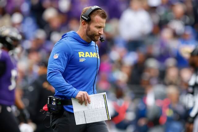 Oct 12, 2025; Baltimore, Maryland, USA; Los Angeles Rams head coach Sean McVay looks on during the second quarter of the game against the Baltimore Ravens at M&T Bank Stadium. Mandatory Credit: Peter Casey-Imagn Images Sean McVay, Rams