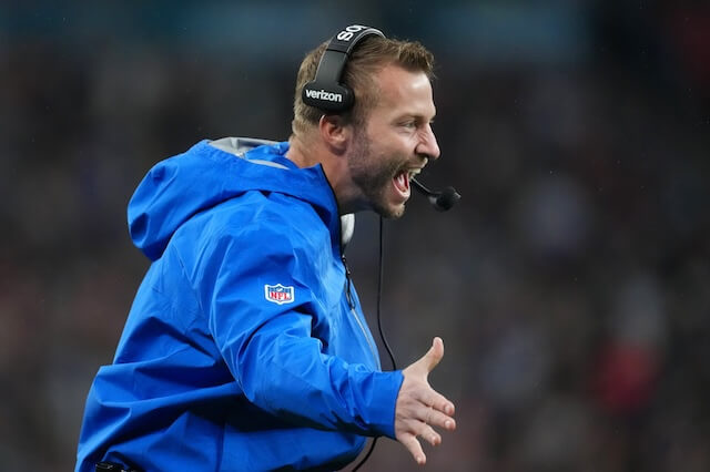 Oct 19, 2025; London, United Kingdom; Los Angeles Rams head coach Sean McVay reacts after a play against the Jacksonville Jaguars during the second half of an NFL International Series game at Wembley Stadium. Mandatory Credit: Kirby Lee-Imagn Images Sean McVay, Rams, Jaguars