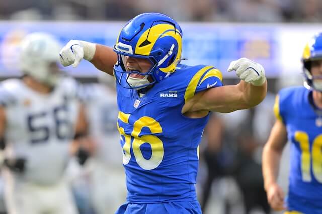 Sep 28, 2025; Inglewood, California, USA; Los Angeles Rams linebacker Shaun Dolac (56) celebrates after forcing the Indianapolis Colts to punt in the fourth quarter at SoFi Stadium. Mandatory Credit: Jayne Kamin-Oncea-Imagn Images Shaun Dolac, Rams