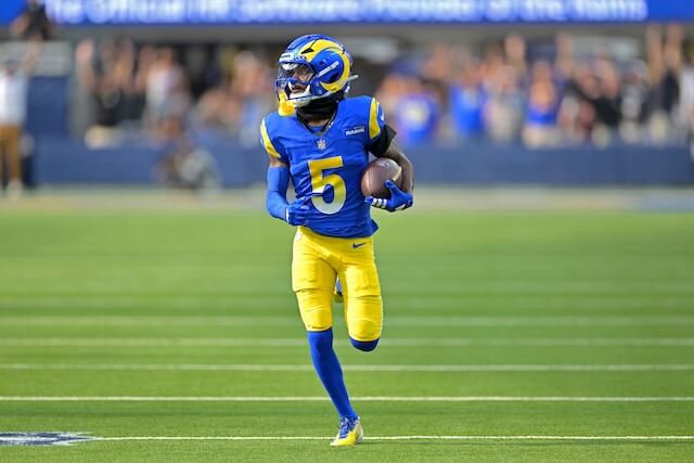 Sep 28, 2025; Inglewood, California, USA; Los Angeles Rams wide receiver Tutu Atwell (5) runs for a touchdown on an 88 yard pass play in the fourth quarter against the Indianapolis Colts at SoFi Stadium. Mandatory Credit: Jayne Kamin-Oncea-Imagn Images Tutu Atwell, Rams