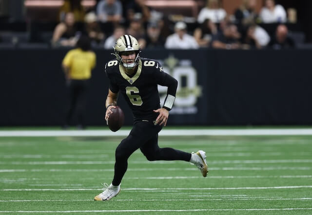 Oct 26, 2025; New Orleans, Louisiana, USA; New Orleans Saints quarterback Tyler Shough (6) runs for a gain during the fourth quarter against the Tampa Bay Buccaneers at Caesars Superdome. Mandatory Credit: Stephen Lew-Imagn Images Tyler Shough, Saints, Rams