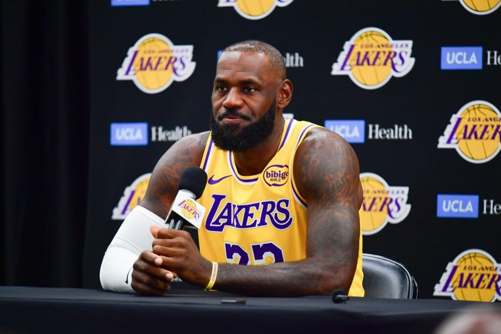 Sep 29, 2025; Los Angeles, CA, USA; Los Angeles Lakers forward LeBron James (23) during media day at UCLA Health Training Center. Mandatory Credit: Gary A. Vasquez-Imagn Images