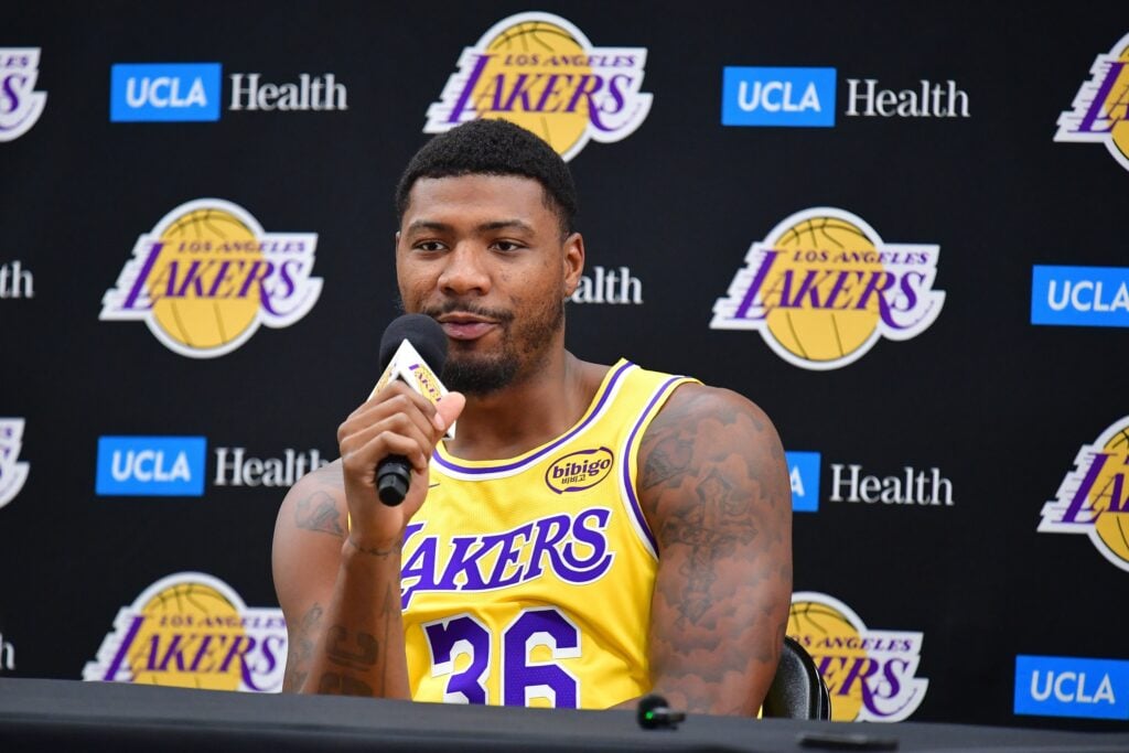 Sep 29, 2025; Los Angeles, CA, USA; Los Angeles Lakers guard Marcus Smart (36) during media day at UCLA Health Training Center. Mandatory Credit: Gary A. Vasquez-Imagn Images