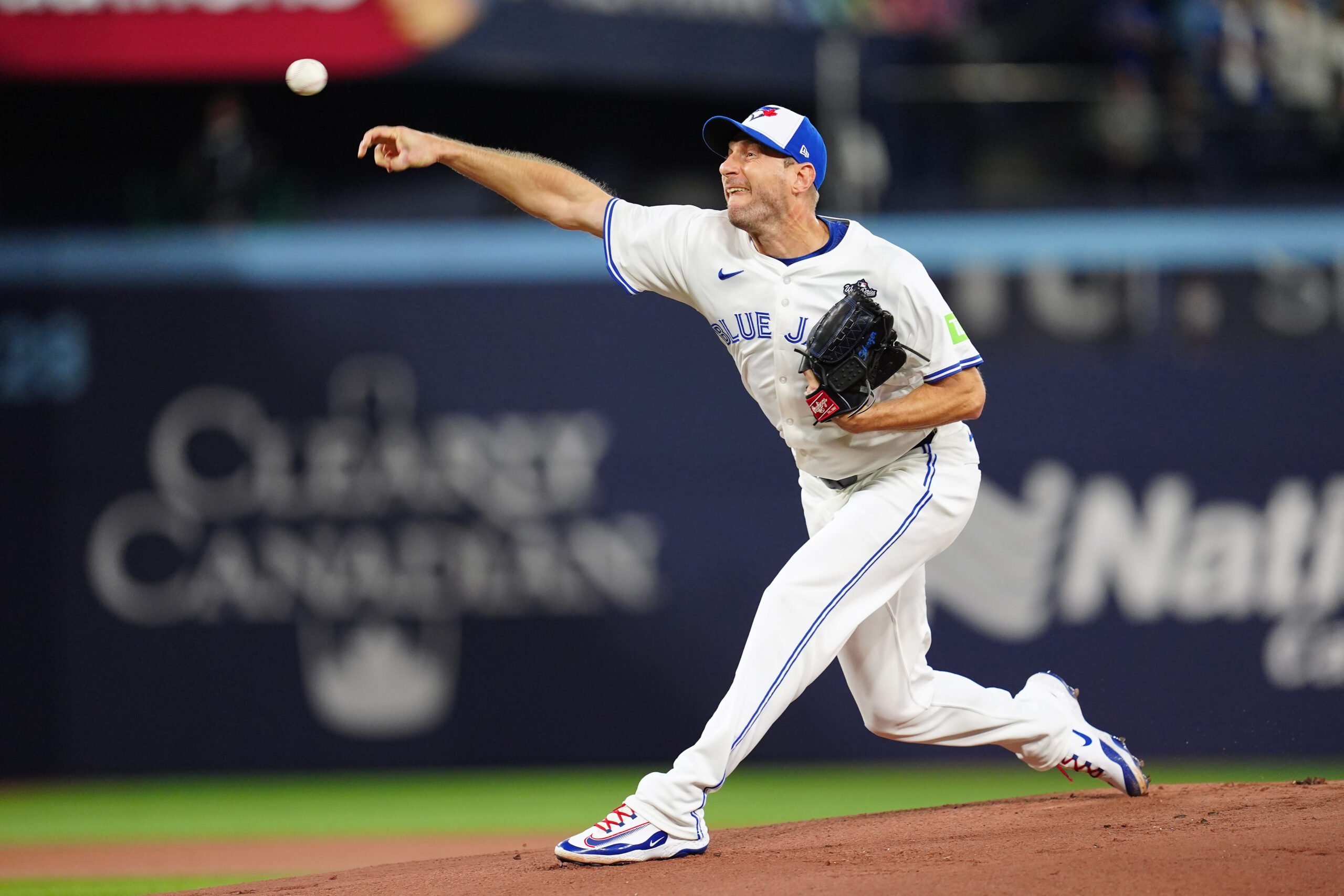 Toronto Blue Jays starting pitcher Max Scherzer throws to the...
