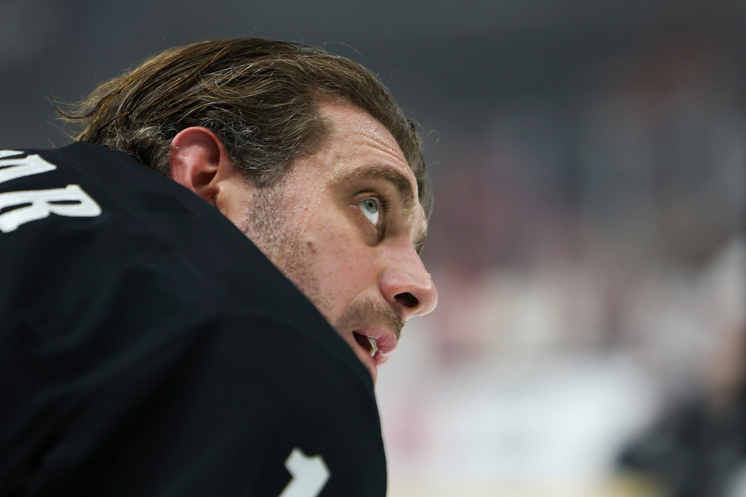 Kings center Anze Kopitar looks on before NHL hockey game...