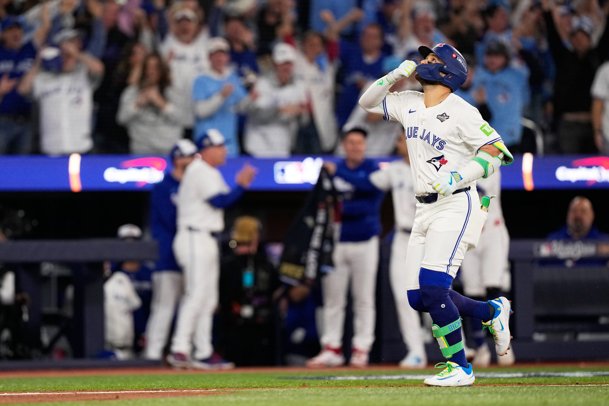 The Toronto Blue Jays’ Bo Bichette celebrates his three run...