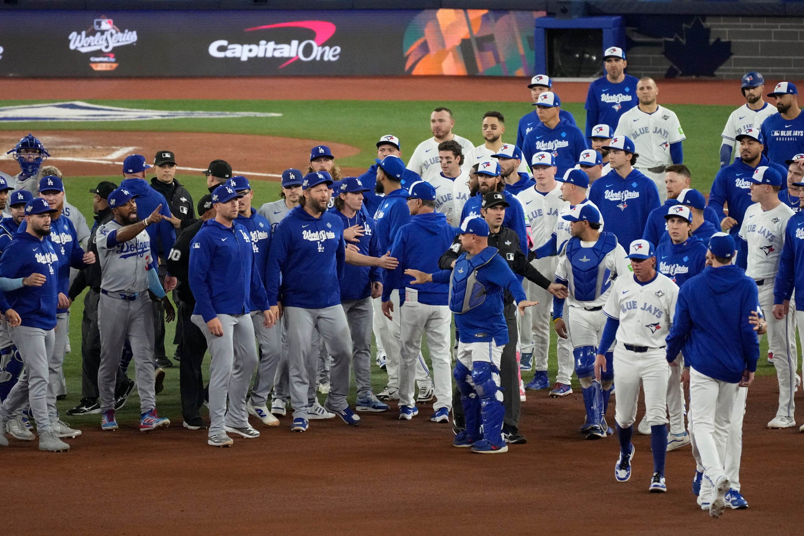 The Dodgers’ and the Toronto Blue Jays’ benches clear after...