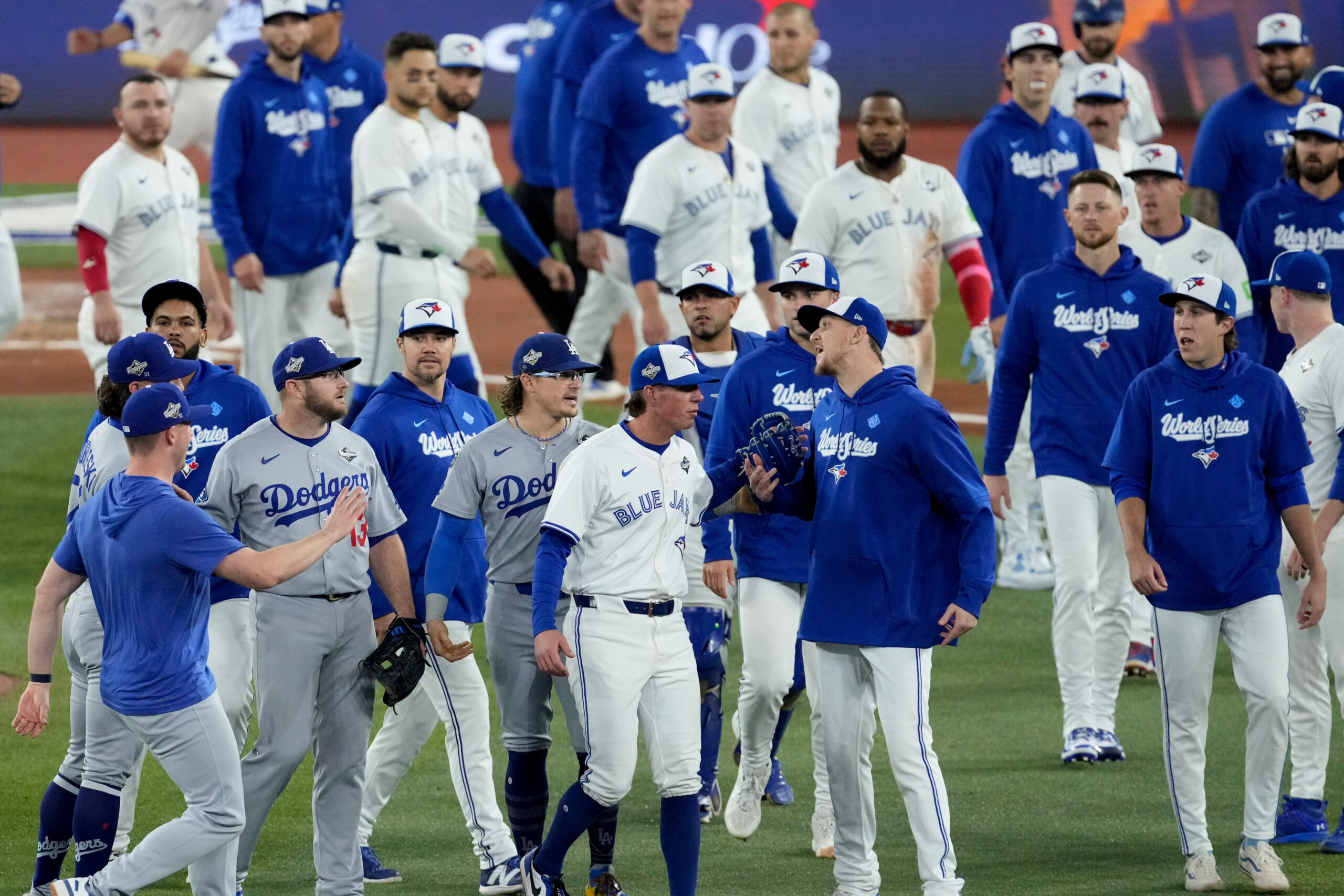The Dodgers’ and the Toronto Blue Jays’ benches clear after...
