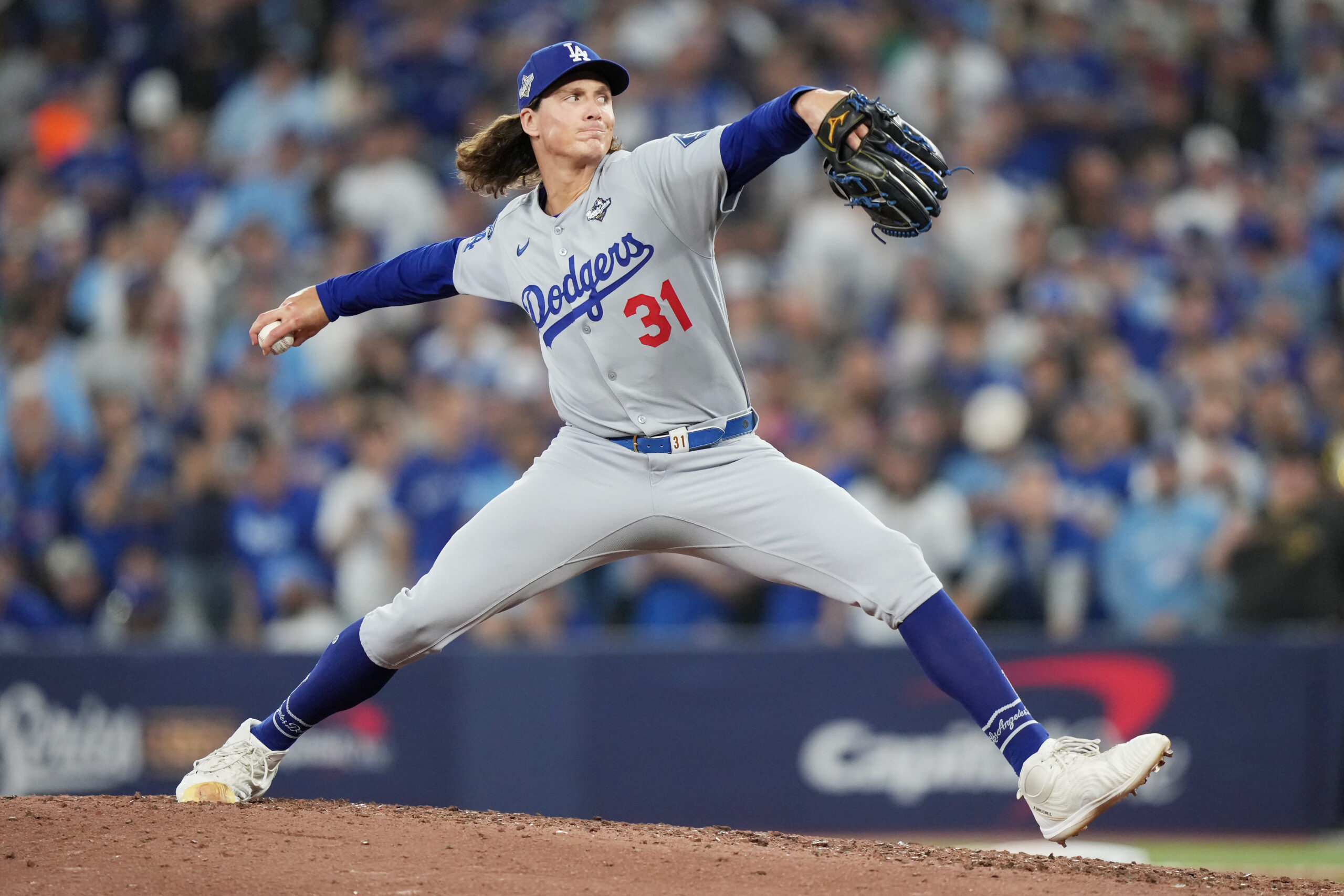 Dodgers pitcher Tyler Glasnow delivers against the Toronto Blue Jays...