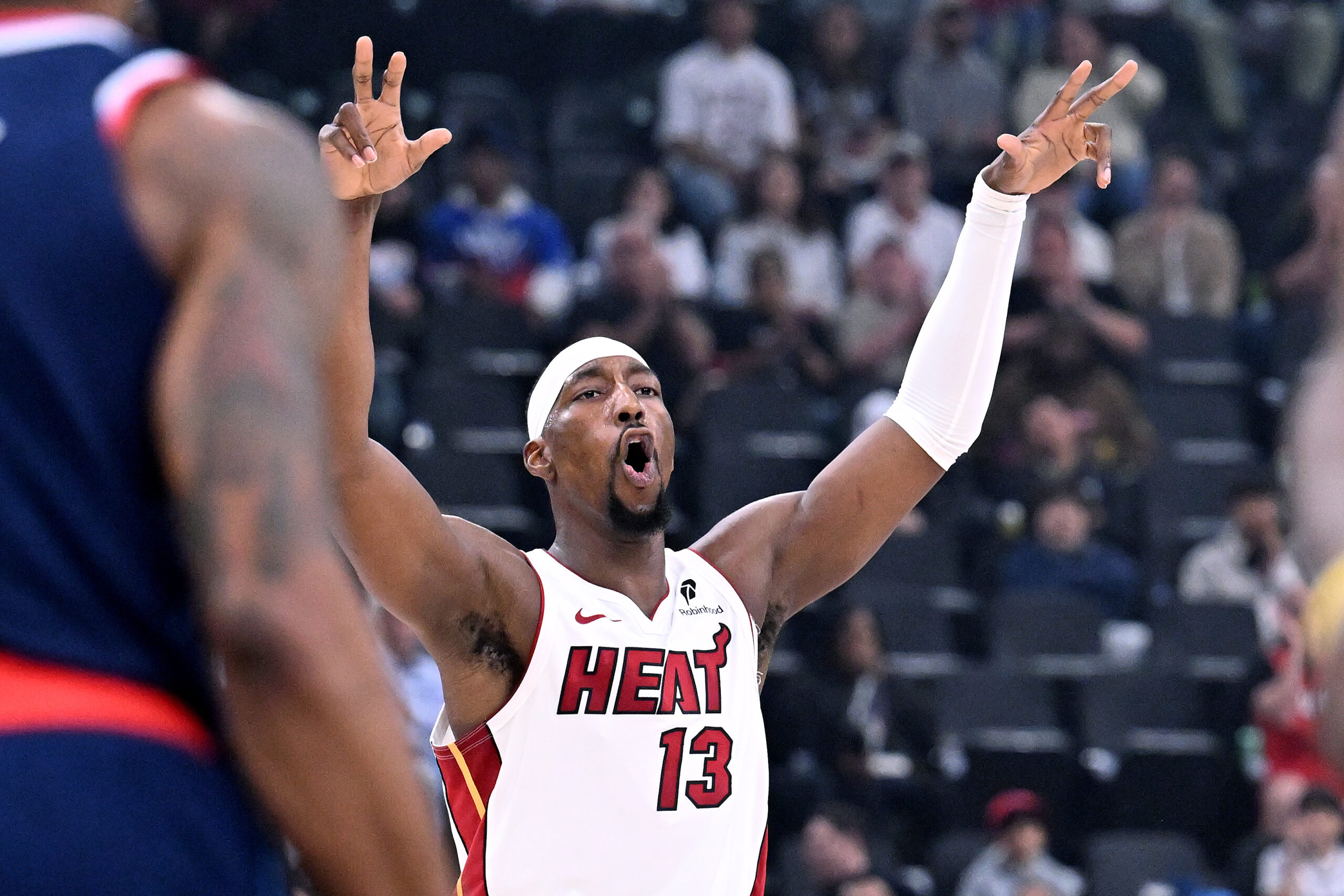 Miami Heat forward Bam Adebayo (13) celebrates his 3-pointer against...