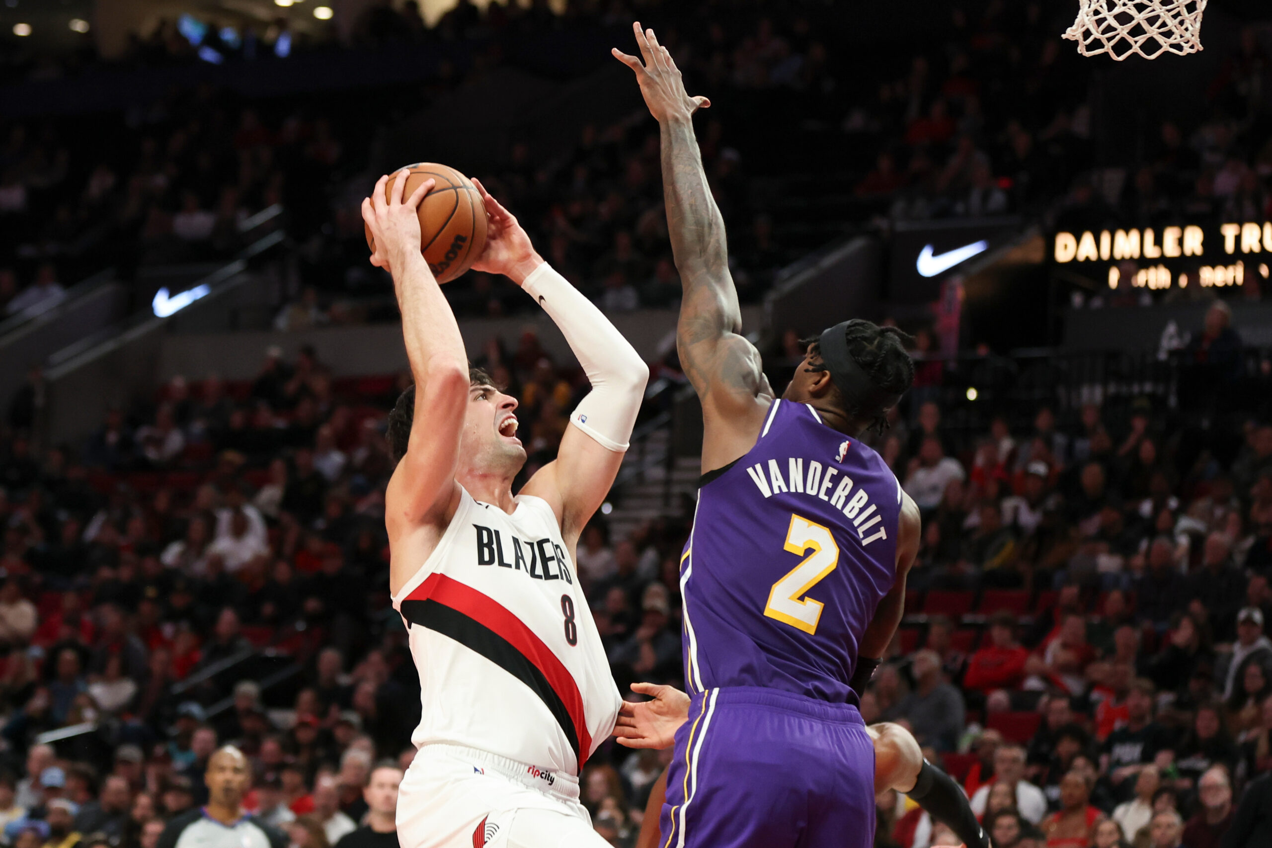Portland Trail Blazers forward Deni Avdija (8) drives to the...