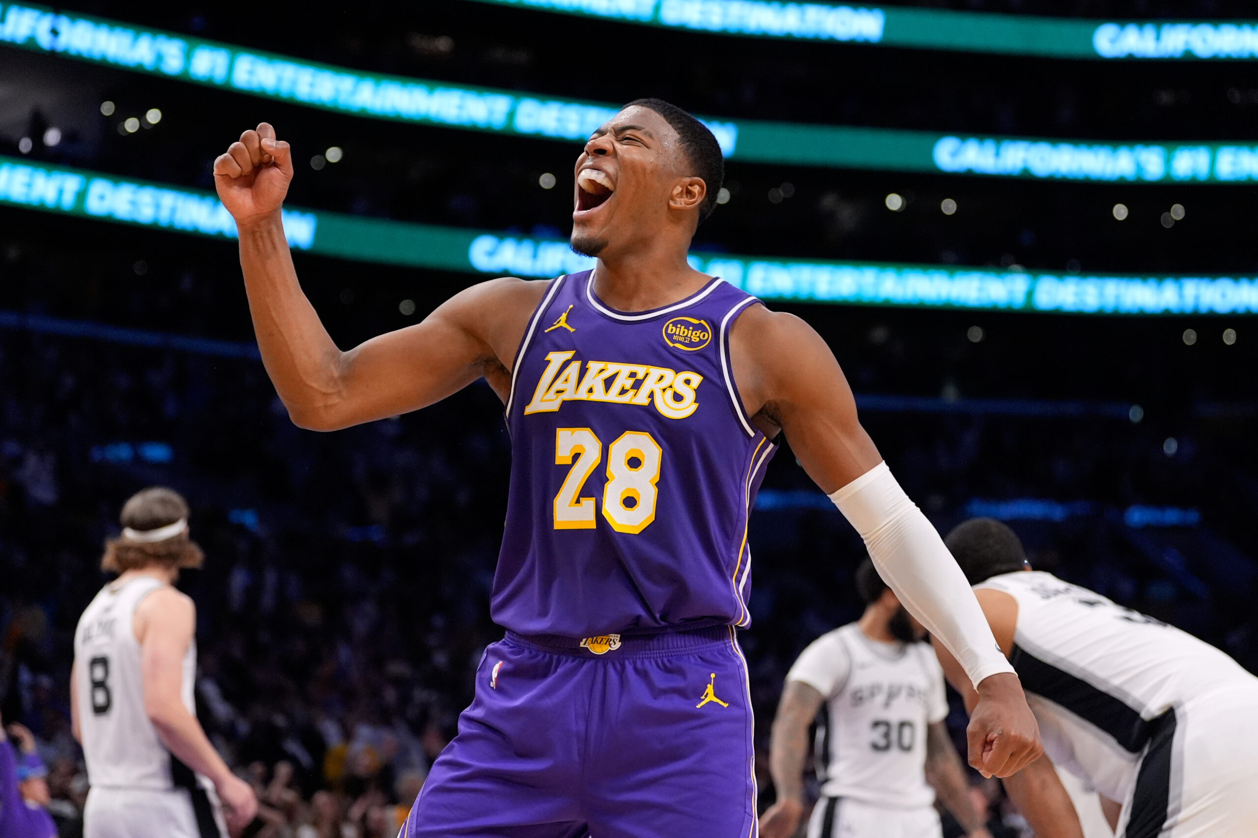 Lakers forward Rui Hachimura celebrates after San Antonio Spurs forward...