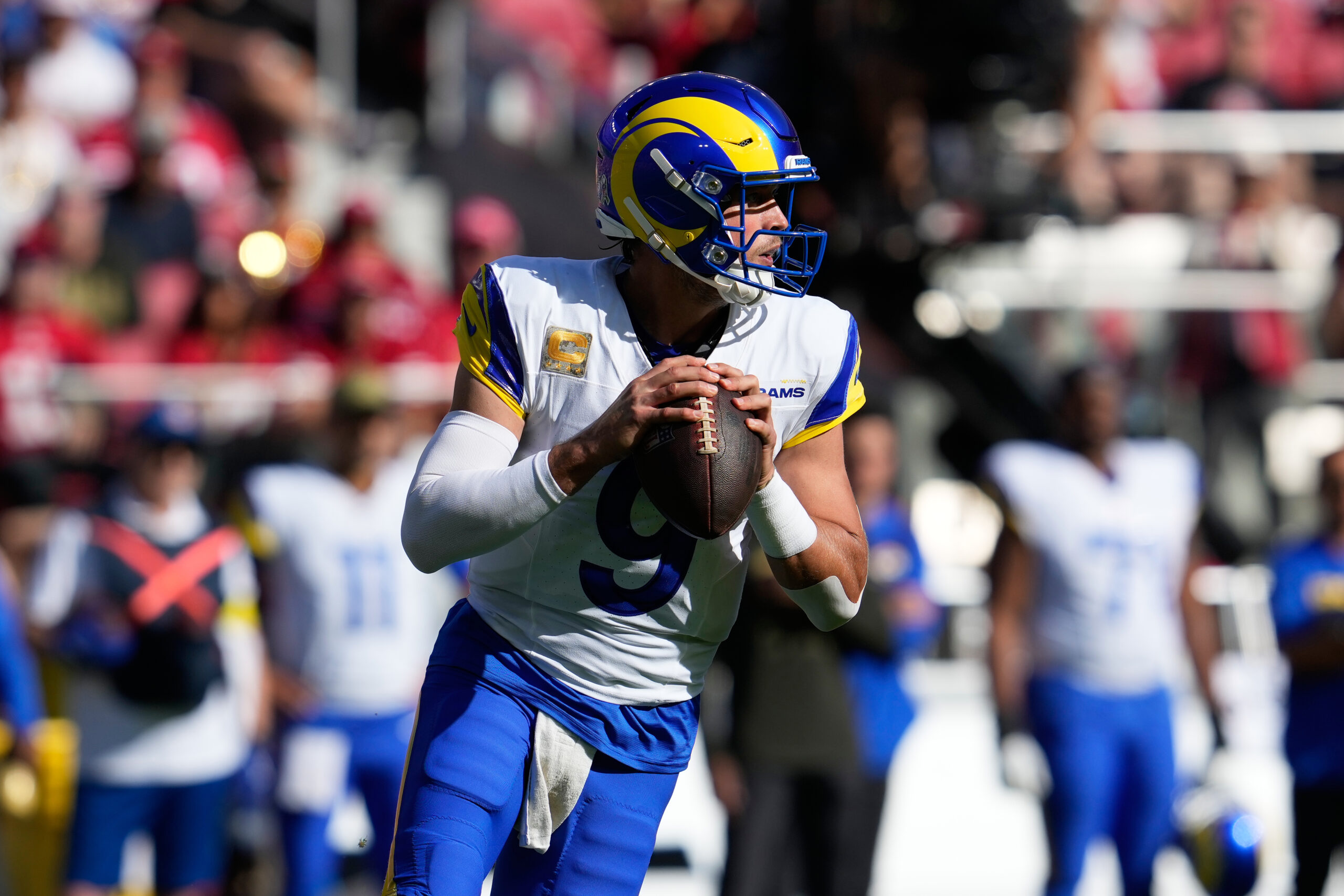 Rams quarterback Matthew Stafford (9) passes against the San Francisco...