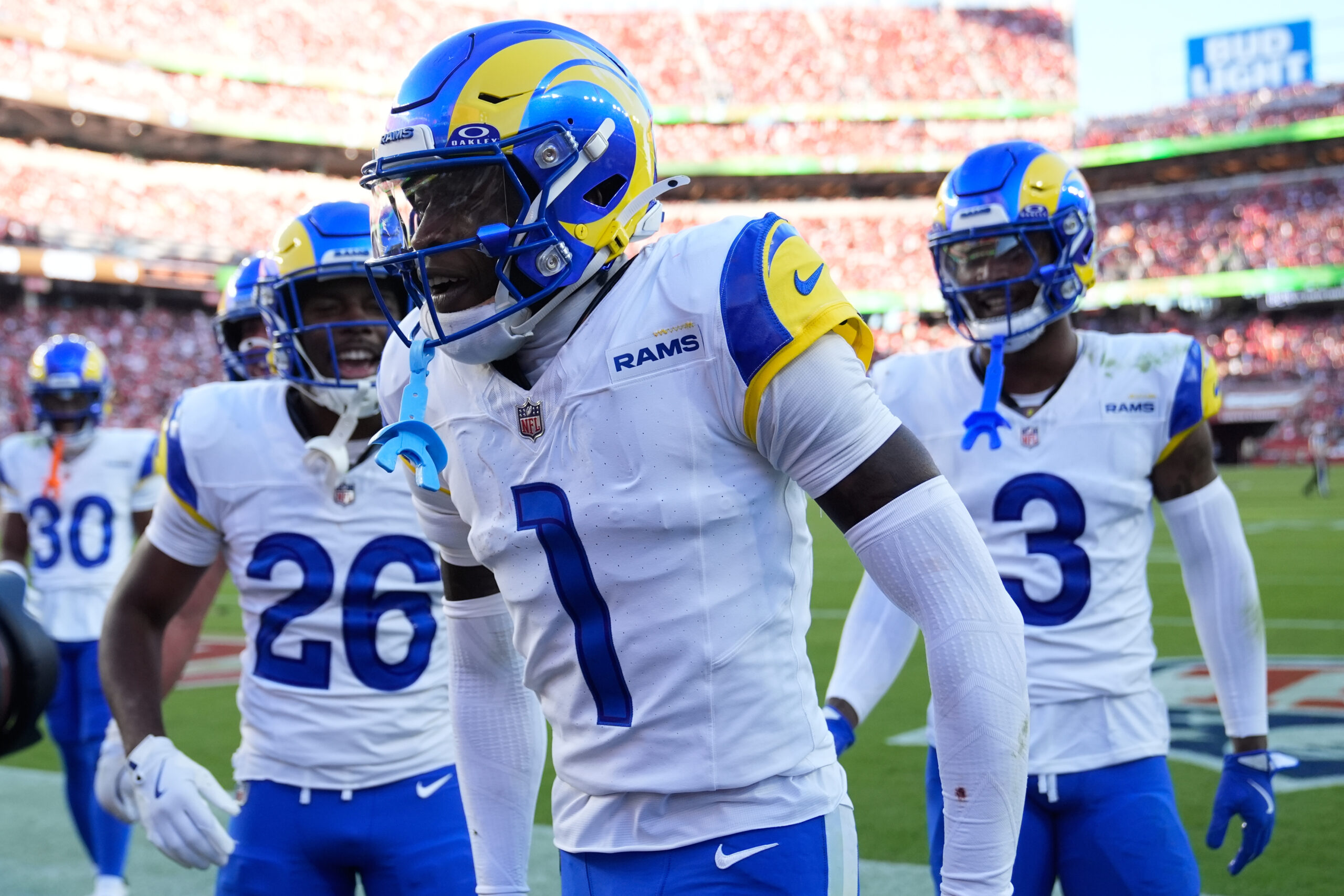 Rams cornerback Emmanuel Forbes Jr. (1) celebrates after intercepting a...