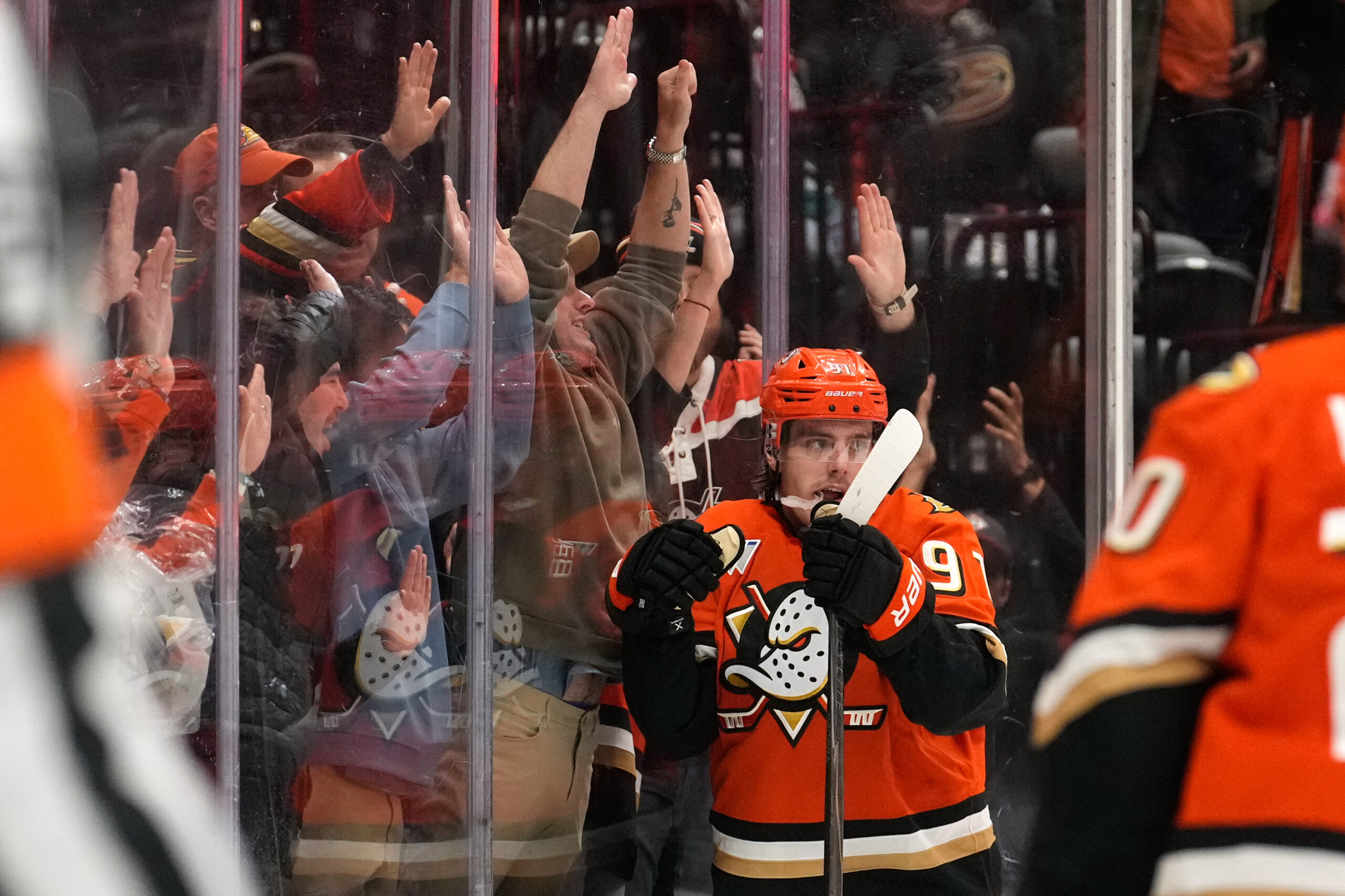 Ducks center Leo Carlsson celebrates his goal during the third...
