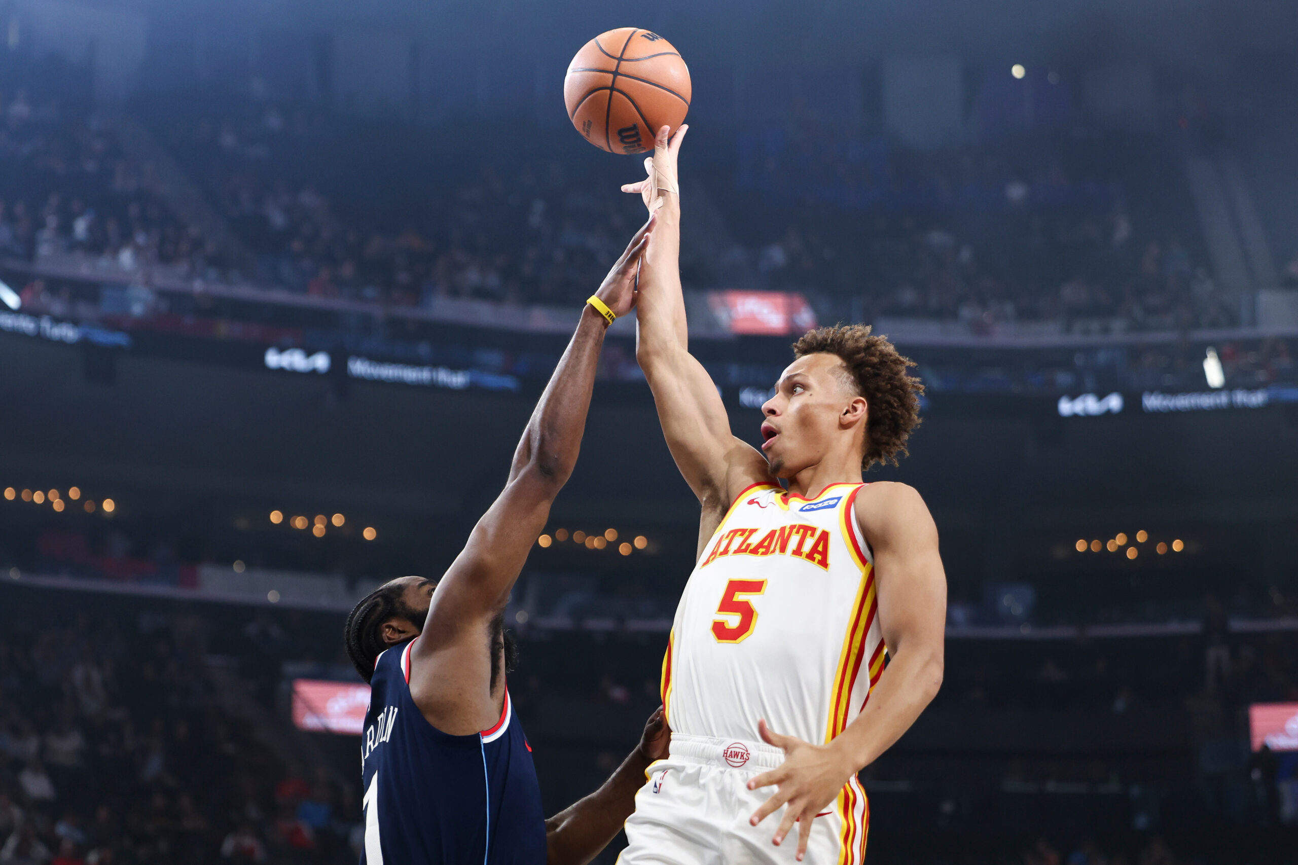 Atlanta Hawks guard Dyson Daniels (5) shoots as Clippers guard...